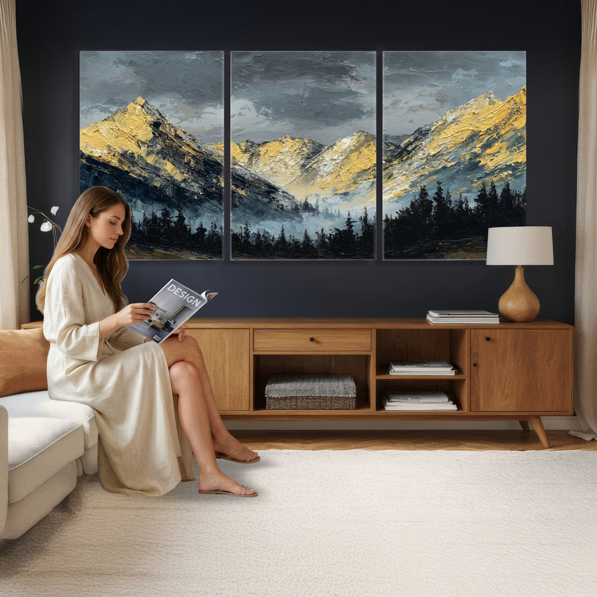 86912101-MGV-CV-48X32-3P - Abstract Mountain Wall Art Canvas Print Modern Landscape Painting Print