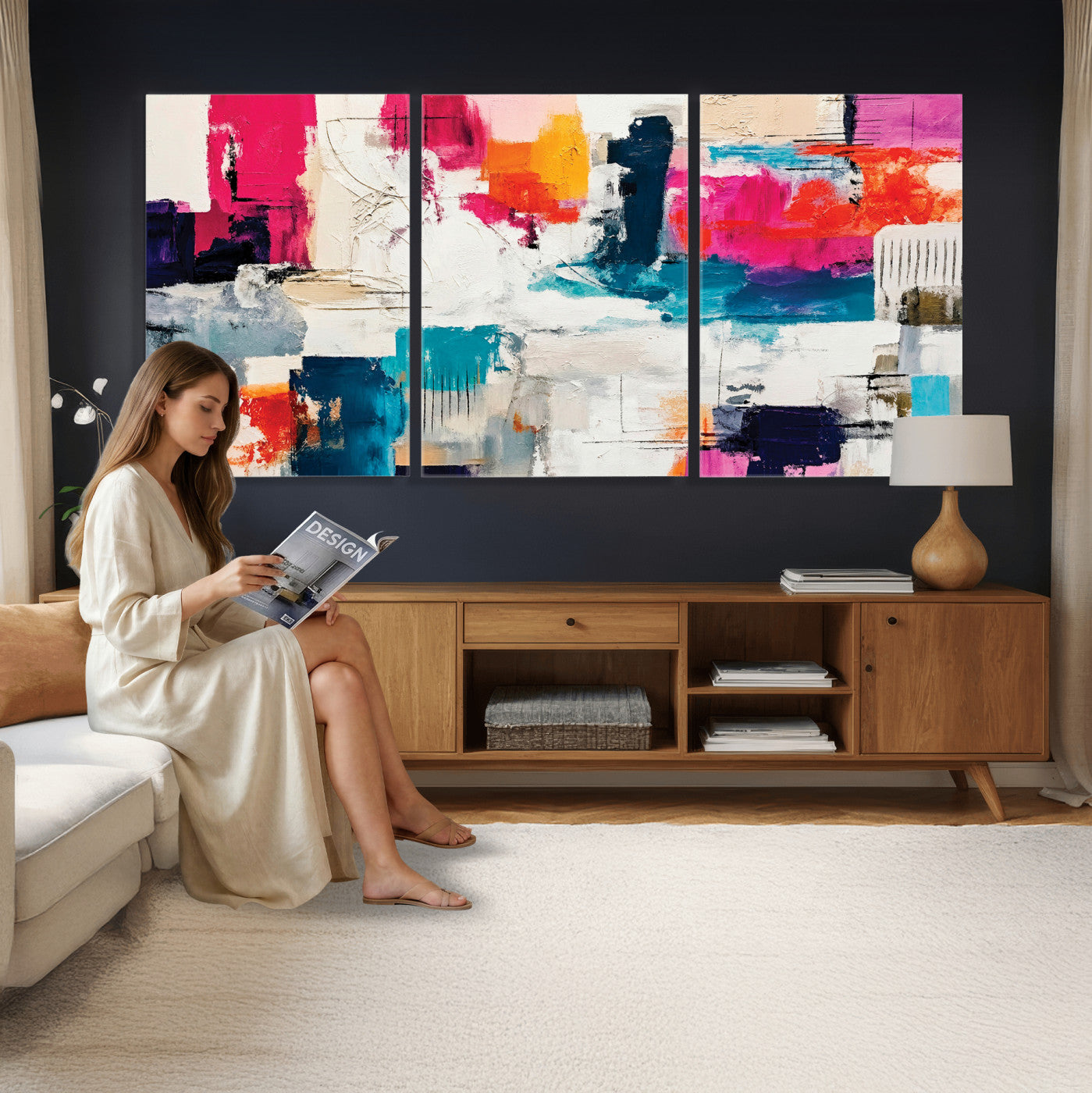57864023-MGV-CV-36X24 - Blue Teal Abstract Canvas Wall Art | Modern Textured Painting Print, Navy Orange White Contemporary Art, Neutral Living Room Decor, Office Art
