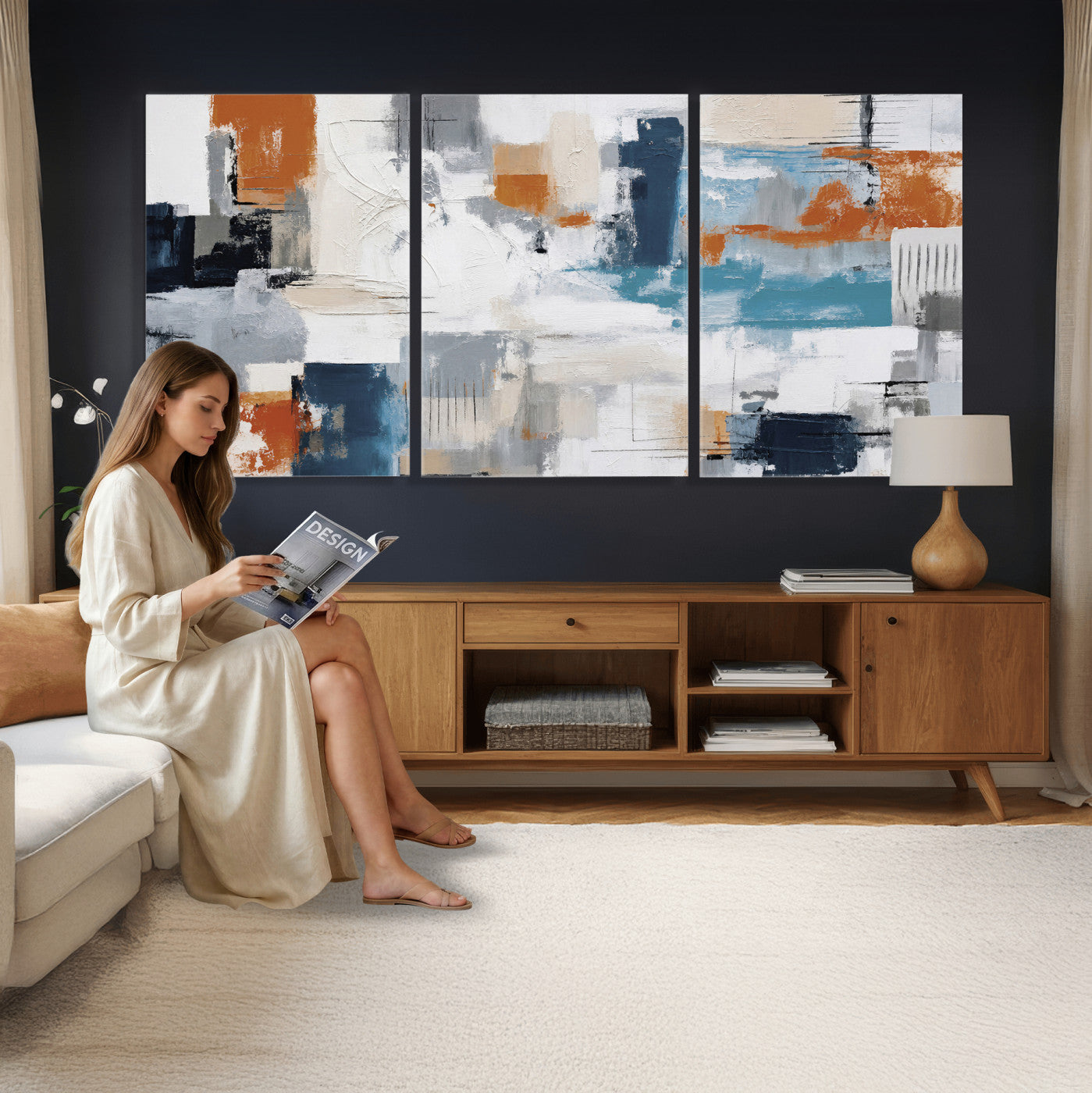 44950303-MGV-CV-36X24 - Blue Teal Abstract Canvas Wall Art, Modern Textured Painting Print, Navy Orange White Contemporary Art, Neutral Living Room Decor, Office Art