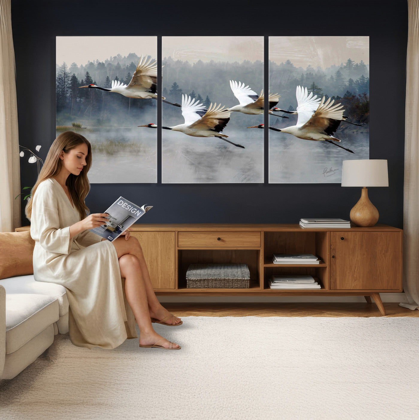 24356826-MGV-CV-36X24 - Flying Crane Canvas Wall Art Print, White Crane Bird Artwork, Wildlife Nature Decor, Lake Landscape Canvas - Ready to Hang