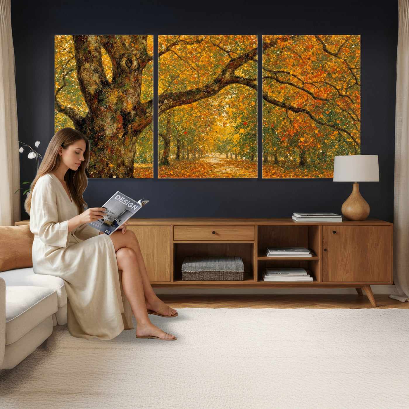 11536138-MGV-CV-36X24 - Vintage Autumn Forest Path Wall Art Canvas Print, Golden Leaves Impressionist Painting Print