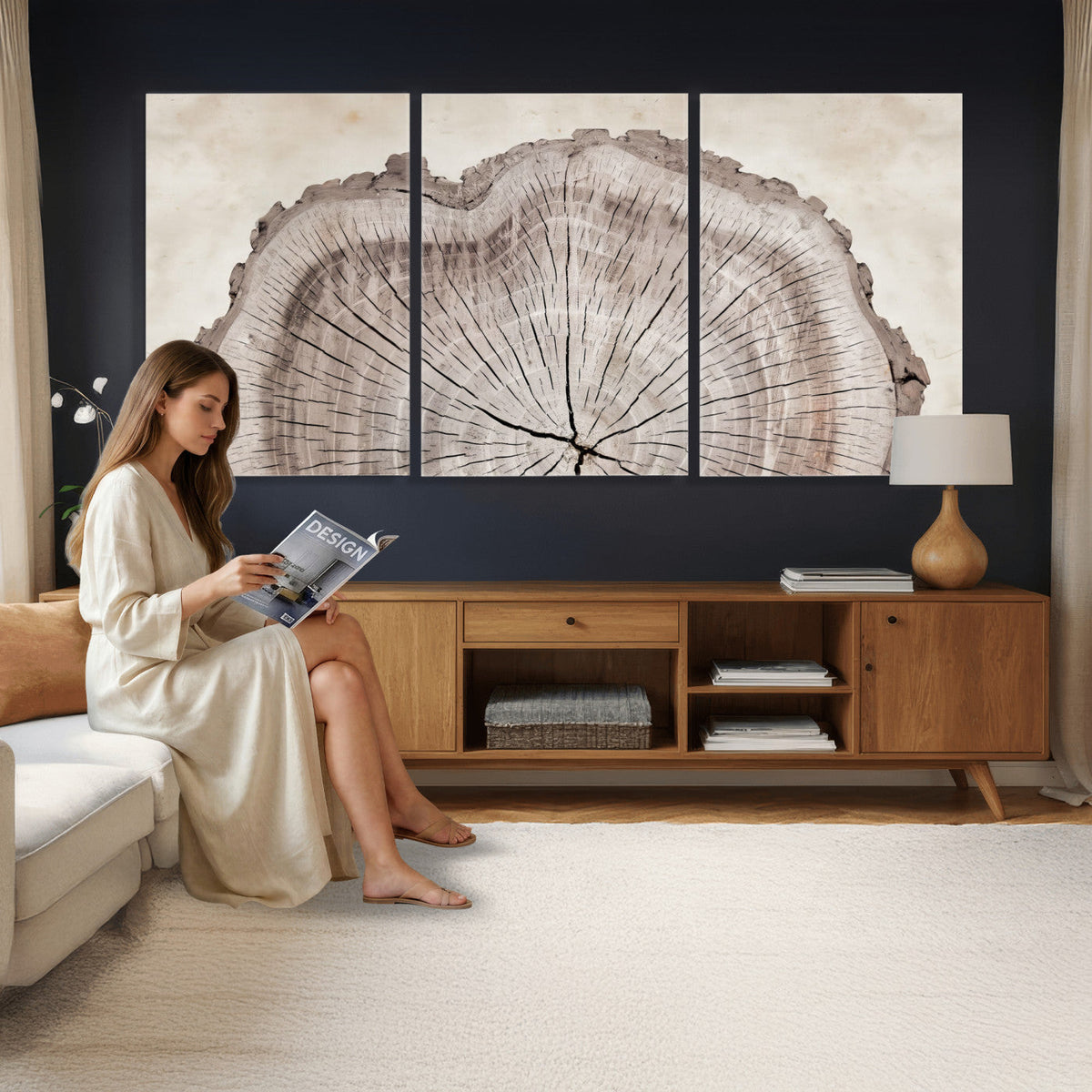 87833480-MGV-CV-60X30-3P - Tree Ring Canvas Wall Art in Neutral Earth Tones, Framed Wood Slice Print for Rustic and Japandi Interiors