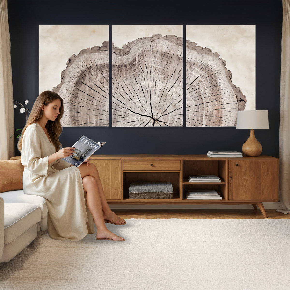 87833480-MGV-CV-60X30-3P - Tree Ring Canvas Wall Art in Neutral Earth Tones, Framed Wood Slice Print for Rustic and Japandi Interiors