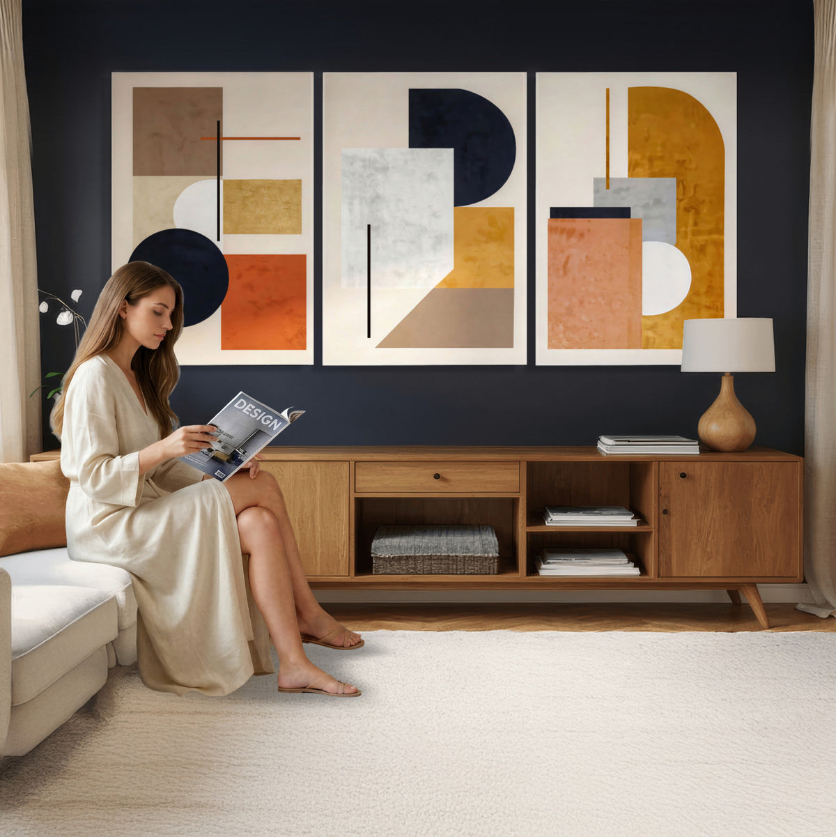 87361249-MGV-CV-48X32-3P - Mid Century Modern Geometric Canvas Wall Art, Abstract Triptych Print