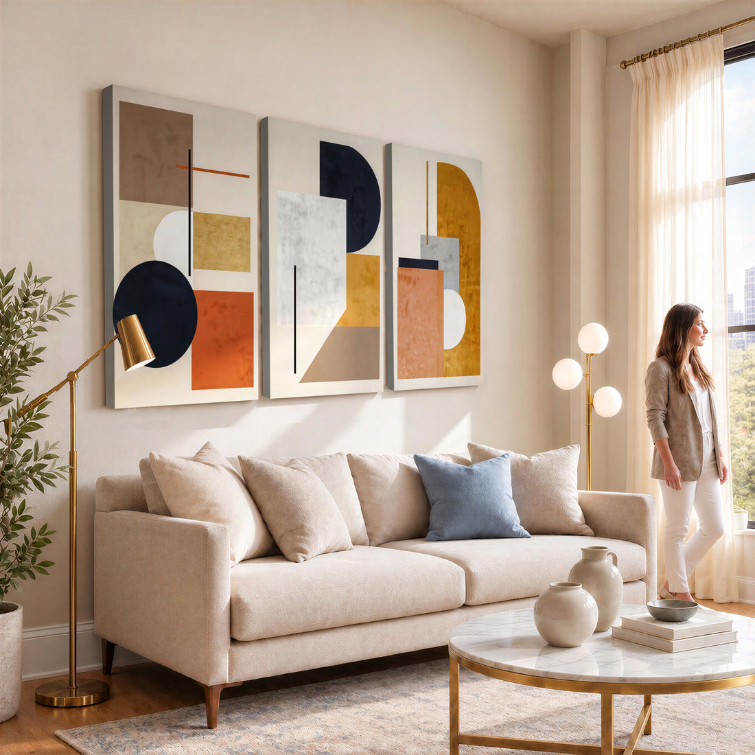 Mid Century Modern Geometric Canvas Wall Art, Abstract Triptych Print