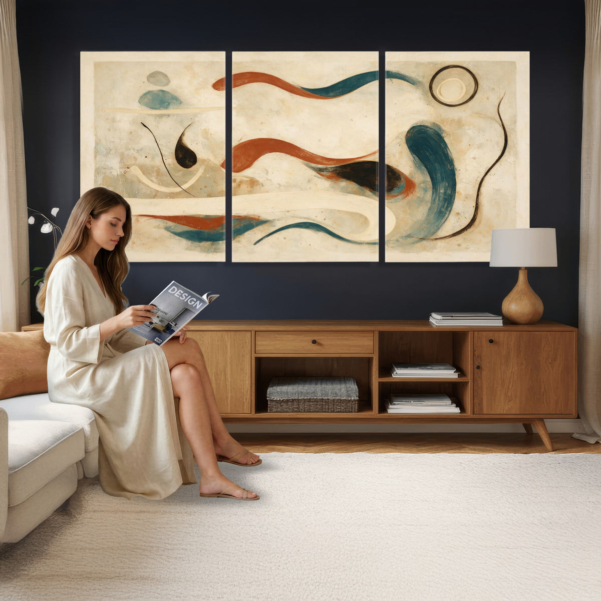 13675774-MGV-CV-36X24 - Mid Century Abstract Wall Art Canvas Print – Neutral Beige Teal Terracotta Modern Organic Shapes