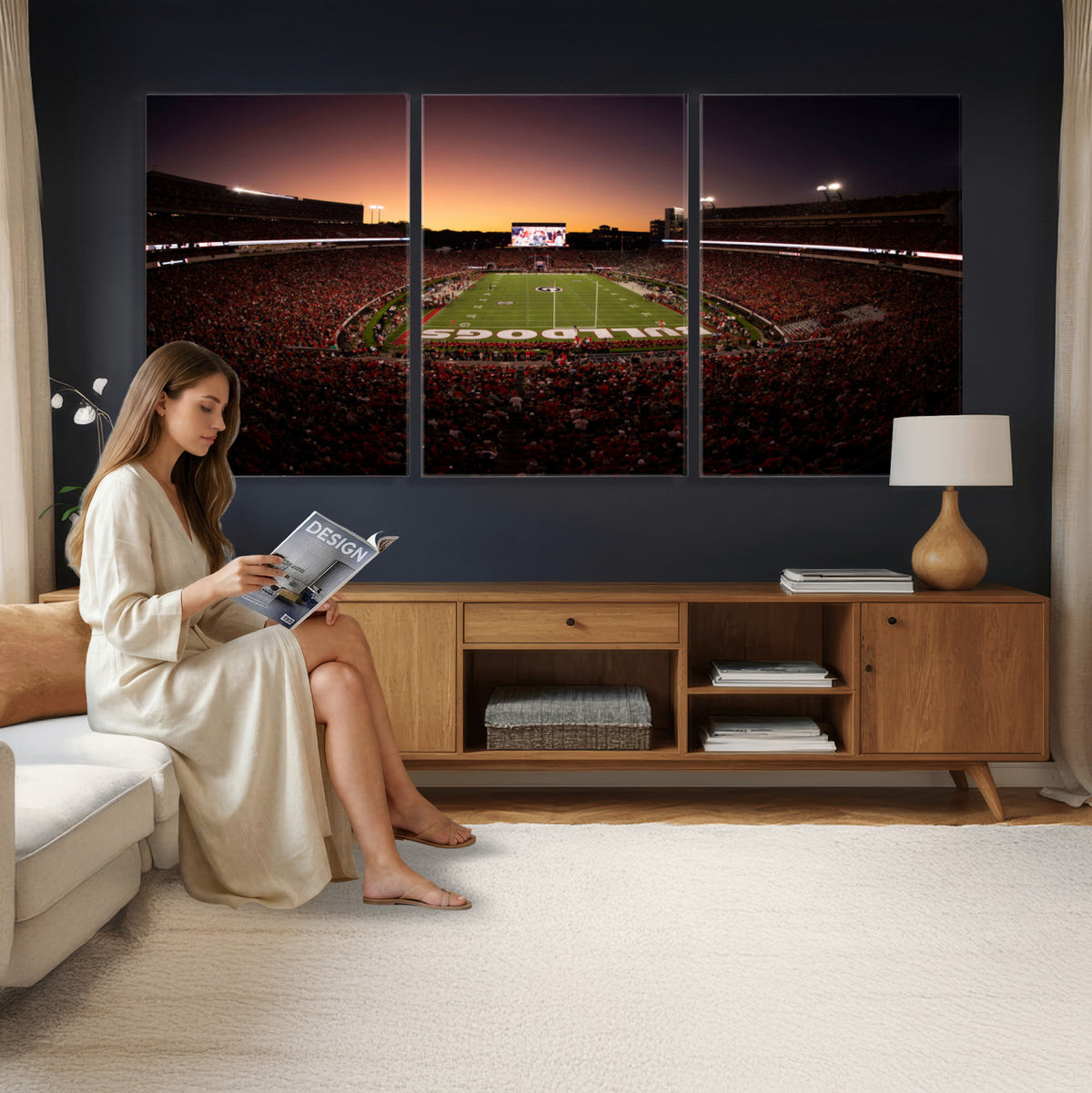 97720998-_Poster-30x20 - Georgia Bulldogs Stadium Sunset Canvas Print 3 Piece Framed Wall Art Extra Large Floating Frame Sports Poster Made in USA