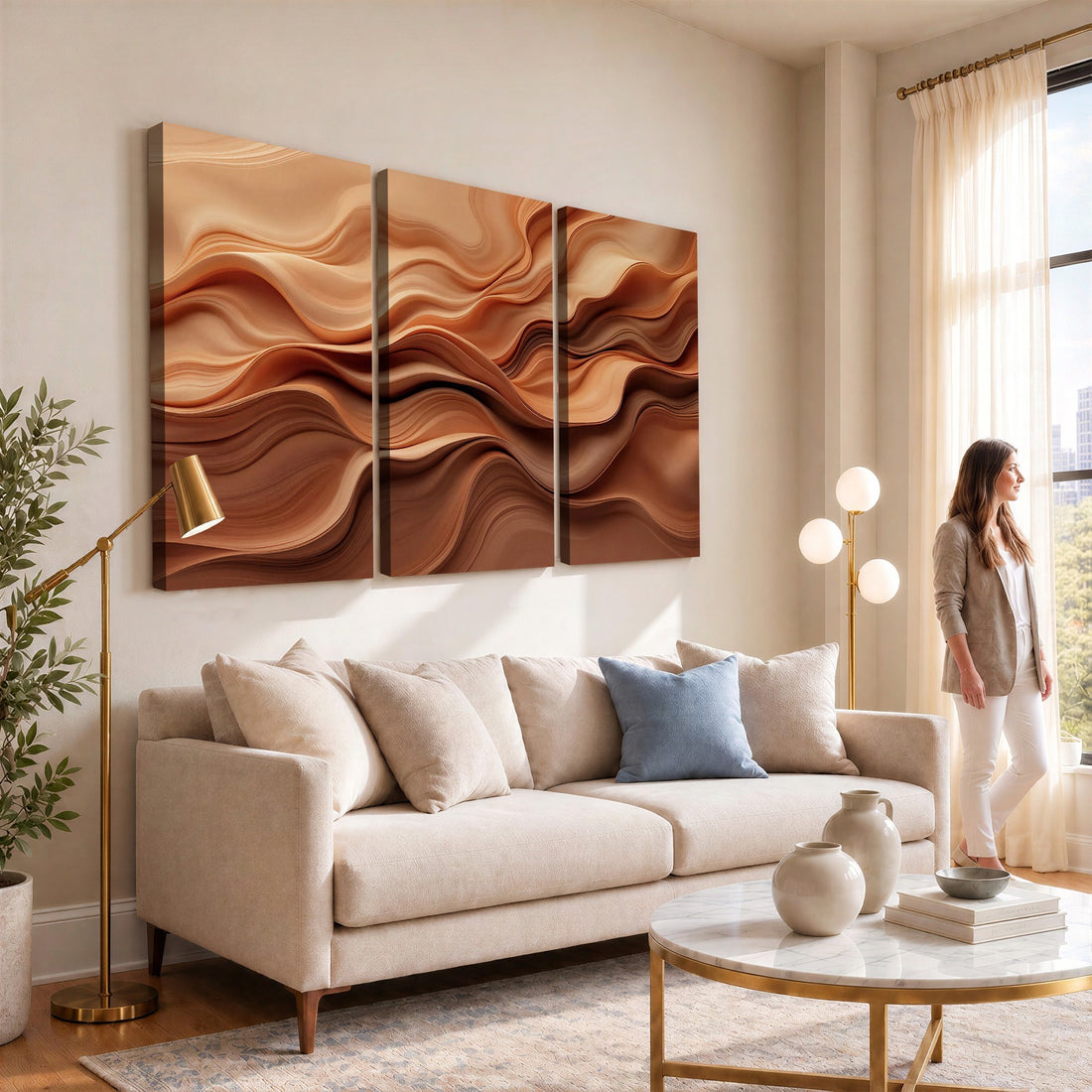 Modern Abstract Fluid Waves Canvas Wall Art - Minimalist Warm Terracotta Beige Sand Print