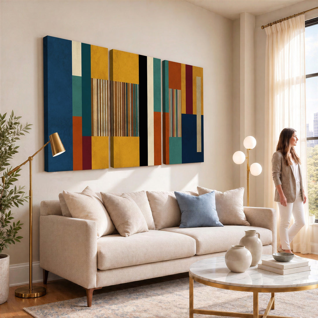 Mid Century Abstract Color Block Canvas Wall Art, Geometric Striped Canvas Print