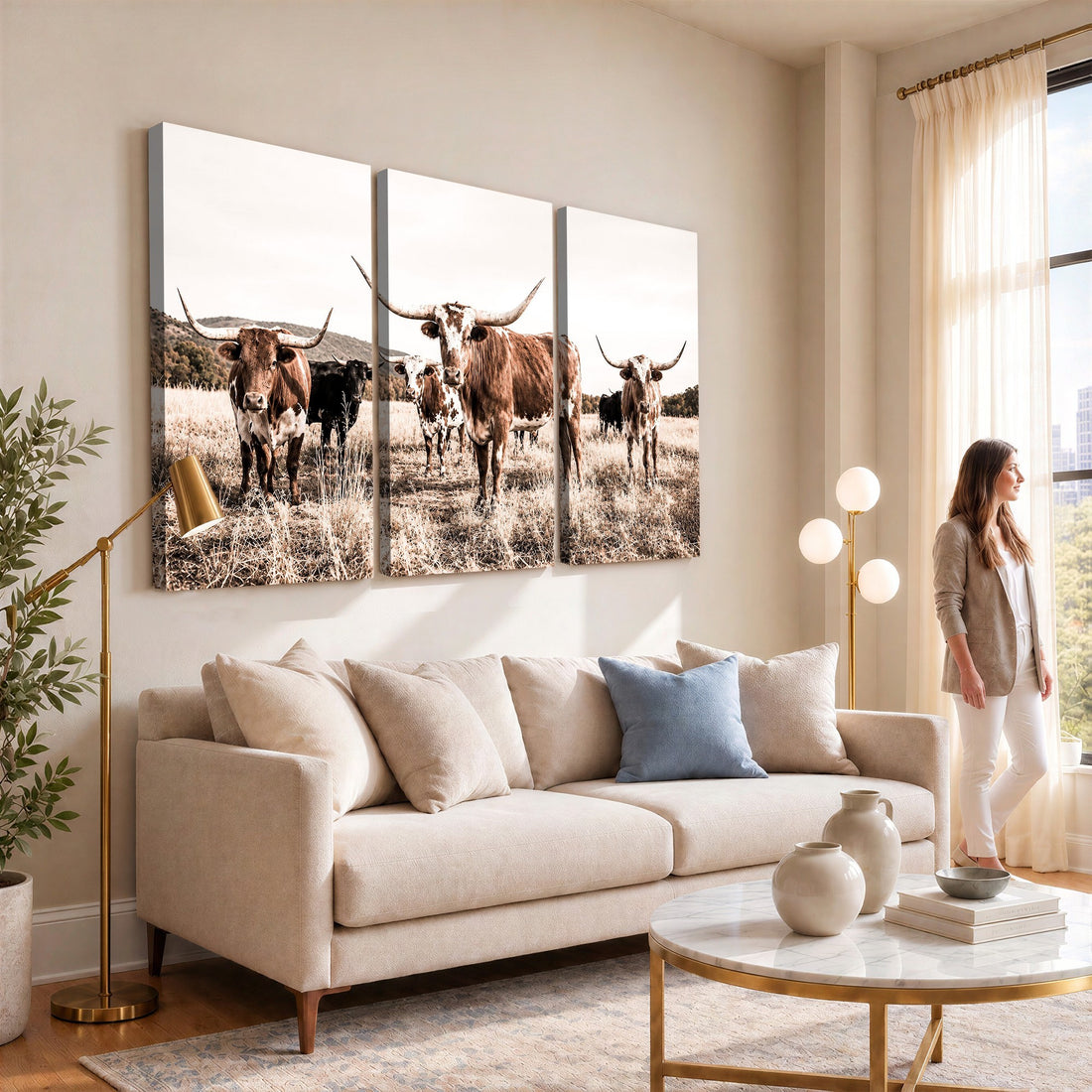 Texas Longhorn Cattle Canvas Wall Art, Western Ranch Home Decor