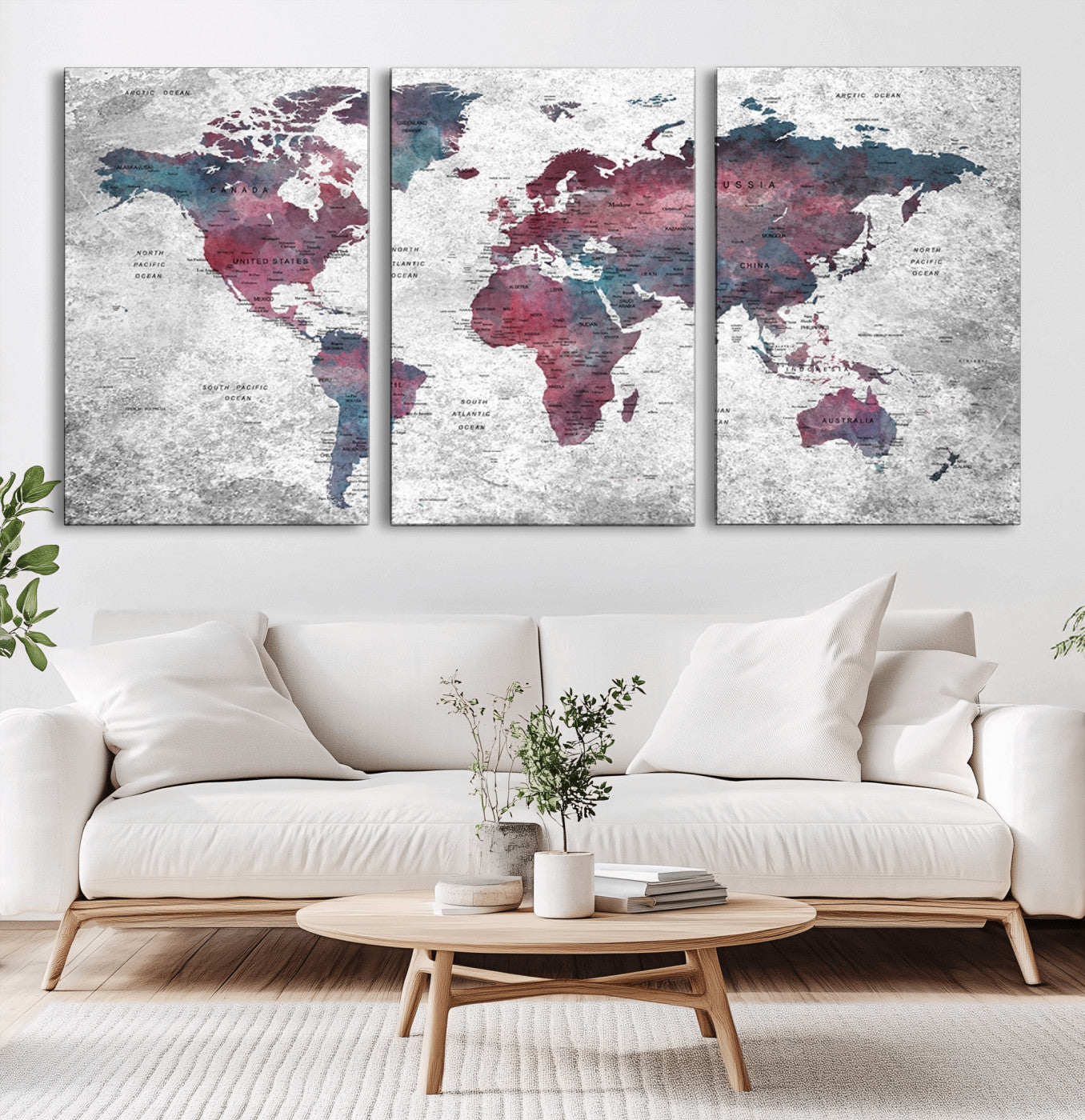 -Modern Red and Gray World Map Canvas Print – Framed Push Pin Wall Art for Couples, Contemporary Travel Map Artwork for Home and Office Decor