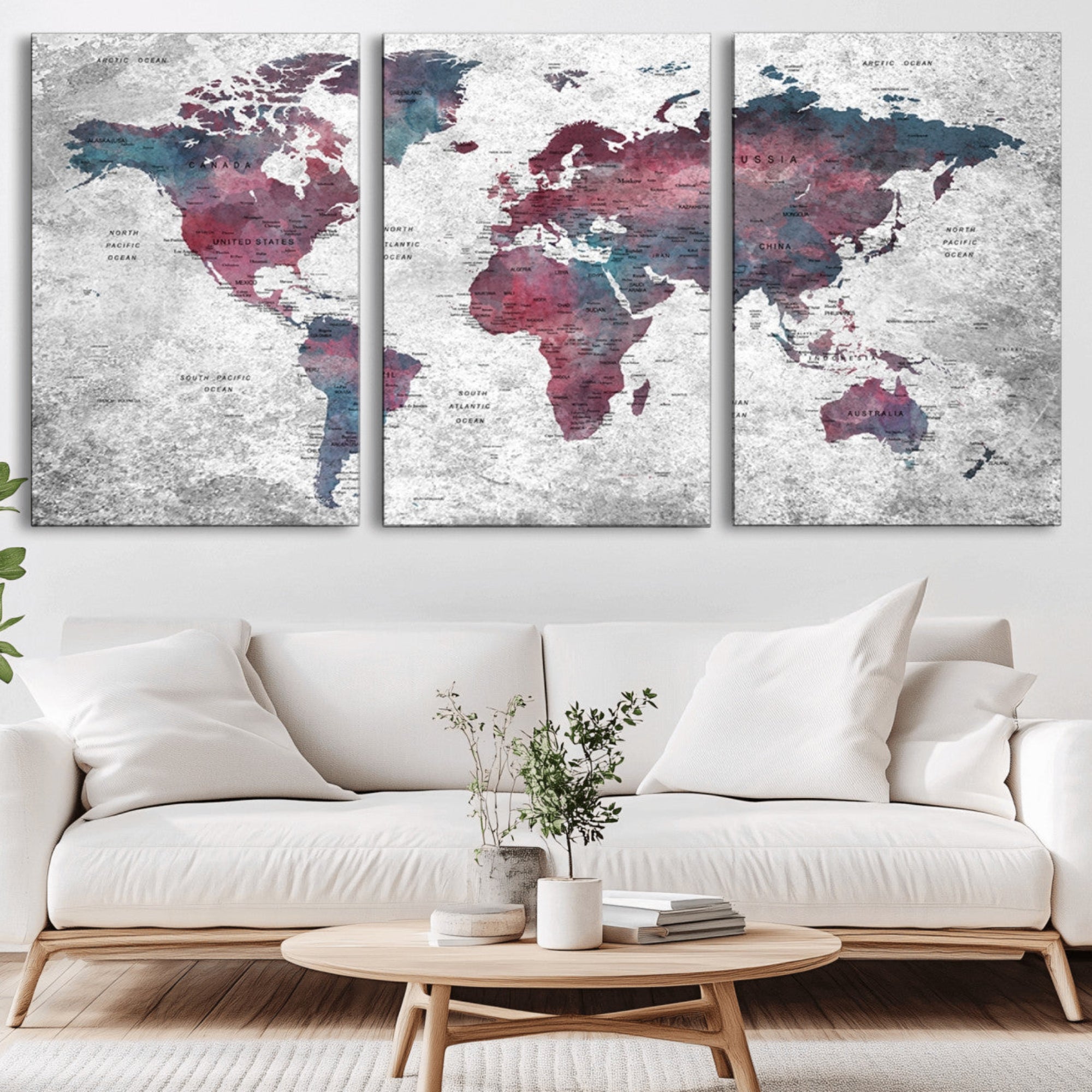 38212-MGV-CV-36X24-Modern Red and Gray World Map Canvas Print – Framed Push Pin Wall Art for Couples, Contemporary Travel Map Artwork for Home and Office Decor