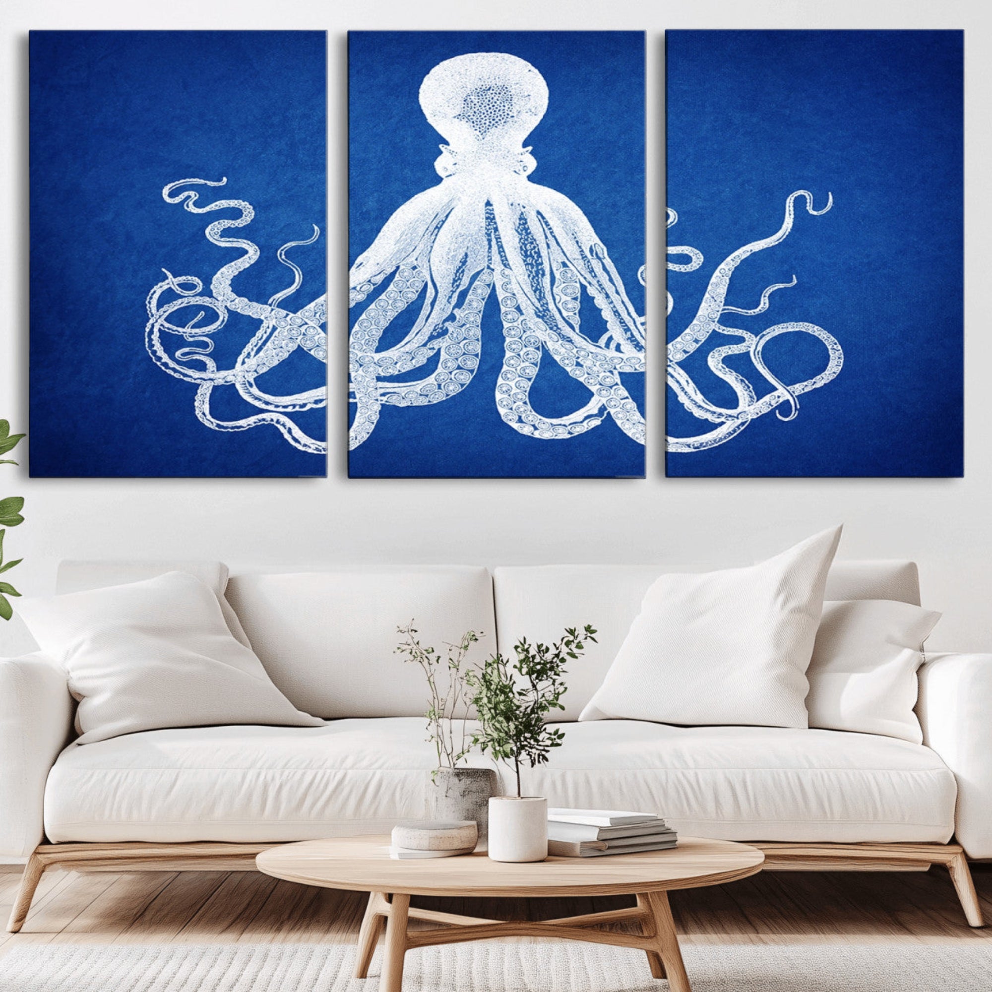 67315-MGV-CV-36X24-Large 3-Panel Blue Octopus Canvas Wall Art | Coastal Marine Life Artwork for Living Room, Bedroom,