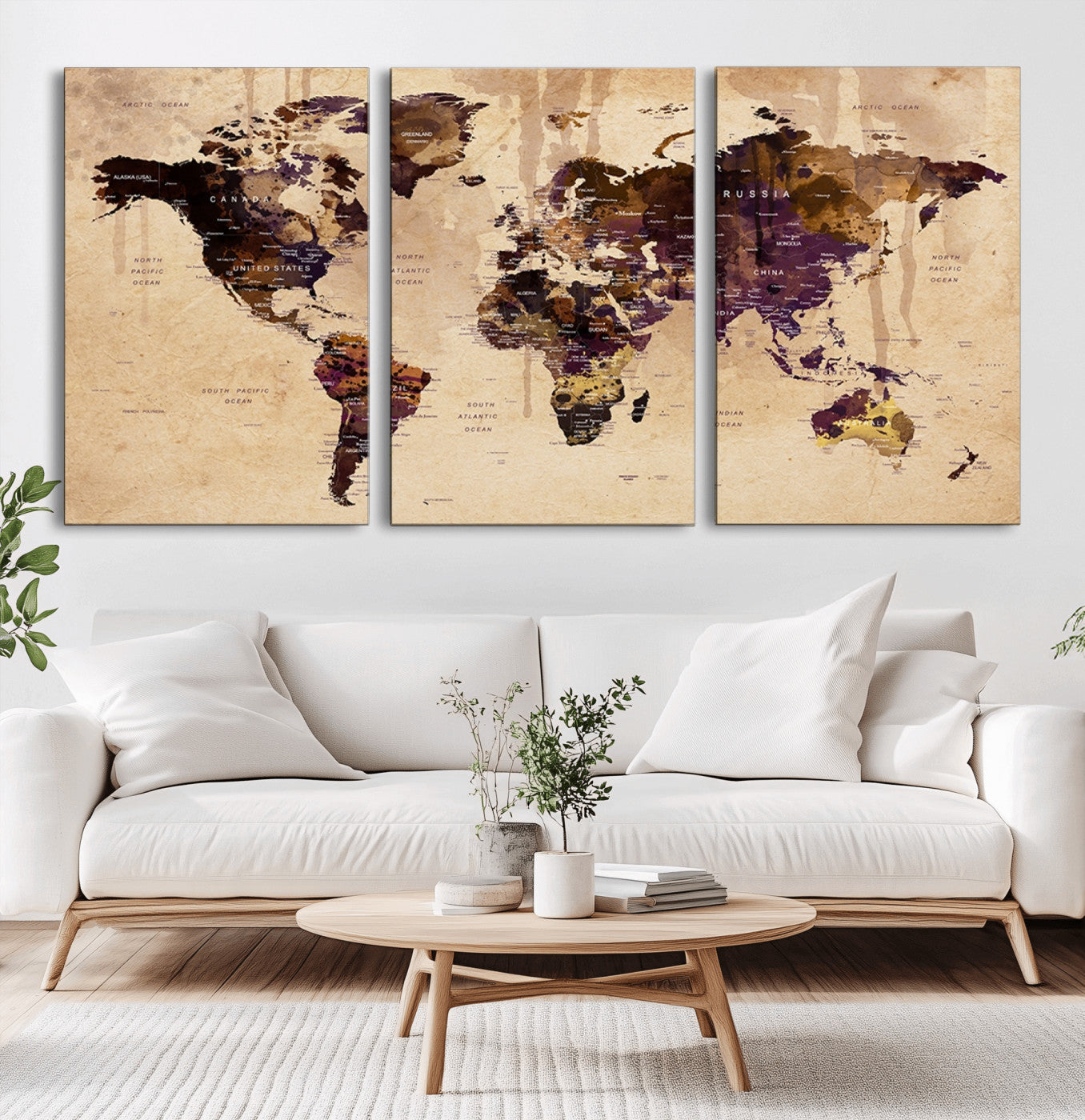 -Vintage World Map Canvas Wall Art – Framed Push Pin Travel Map for Home and Office Decor