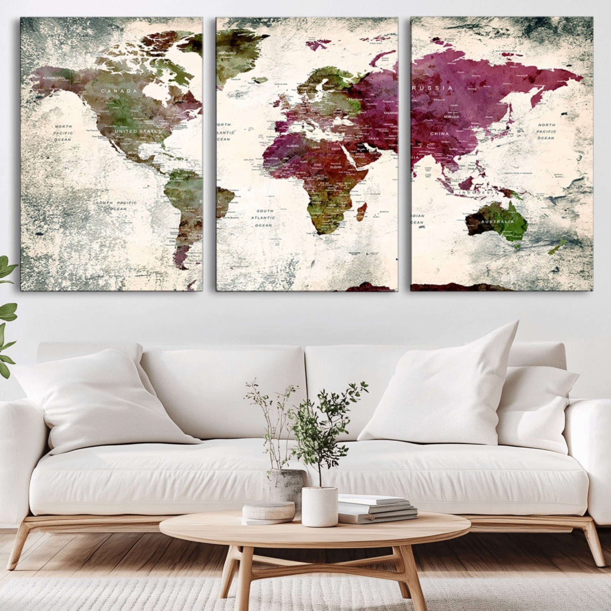39882-MGV-CV-36X24-Vintage Watercolor Push Pin World Map Canvas – Framed Travel Wall Art for Home and Office Decor