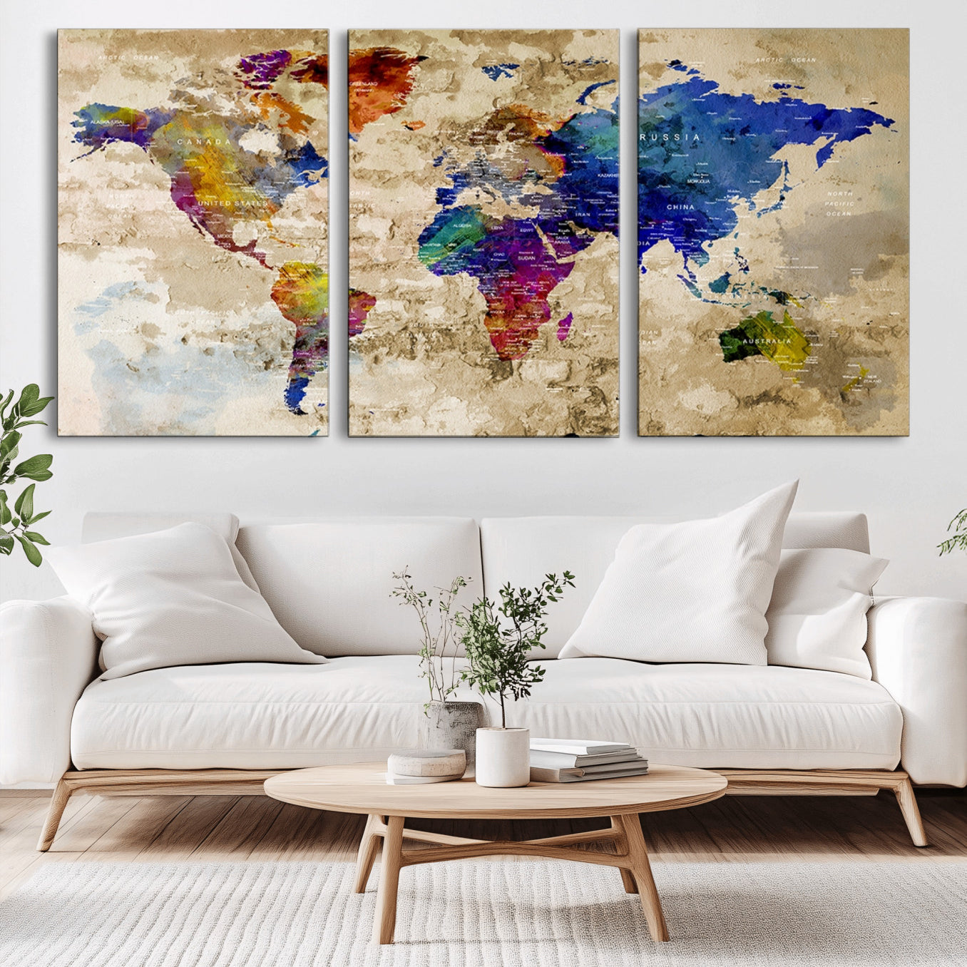 92939-MGV-CV-36X24-Colorful World Map Canvas Wall Art – Abstract Watercolor Map Print, Modern Travel Decor for Home Office or Study