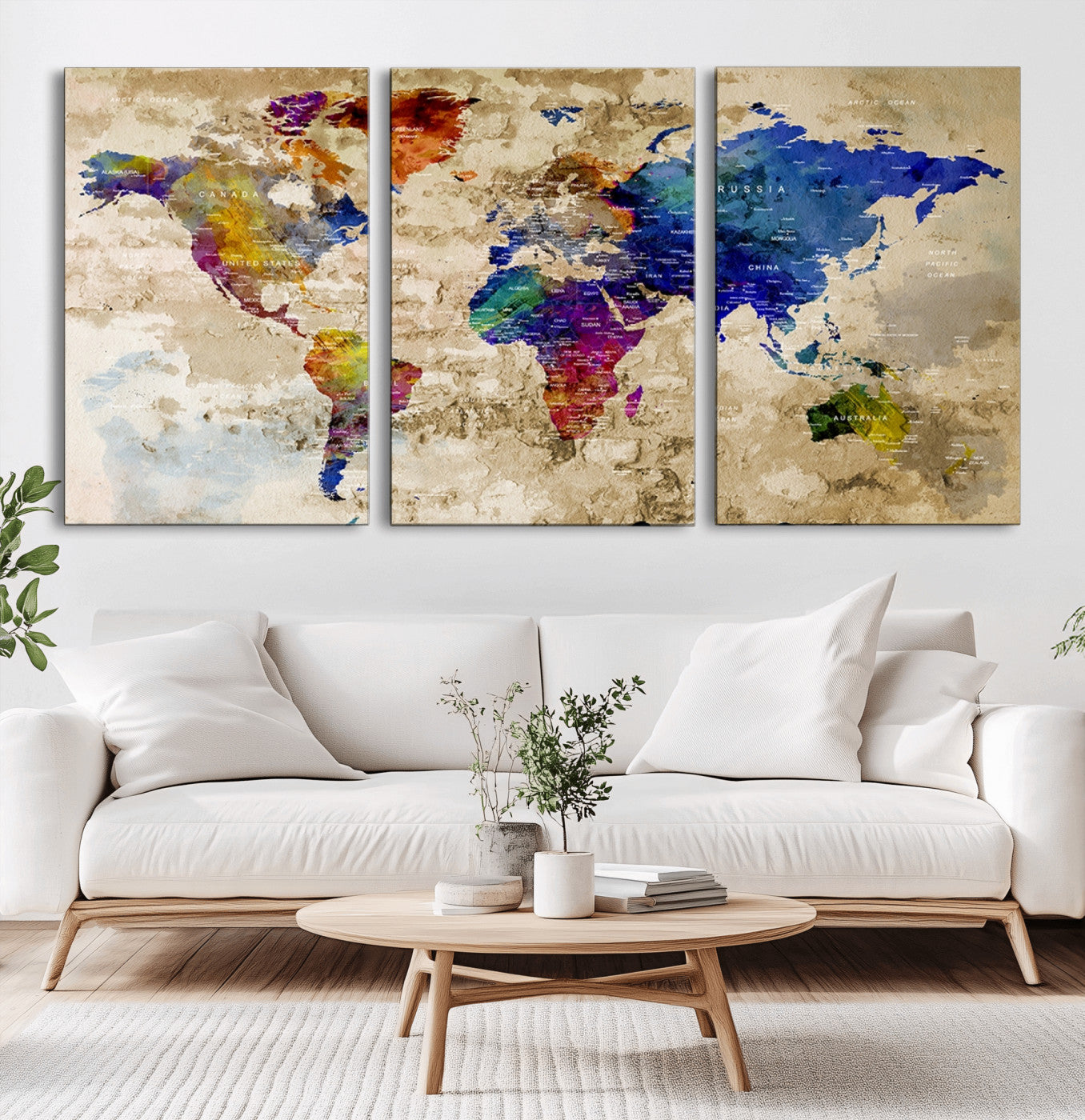 92939-MGV-CV-36X24-Colorful World Map Canvas Wall Art – Abstract Watercolor Map Print, Modern Travel Decor for Home Office or Study