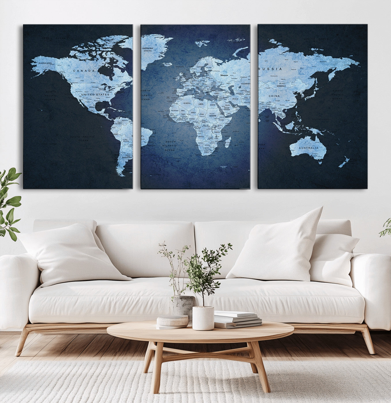 -Blue World Map Canvas Wall Art – Framed Modern Push Pin Travel Map for Home and Office Decor, Elegant Navy Global Wall Artwork for Travelers