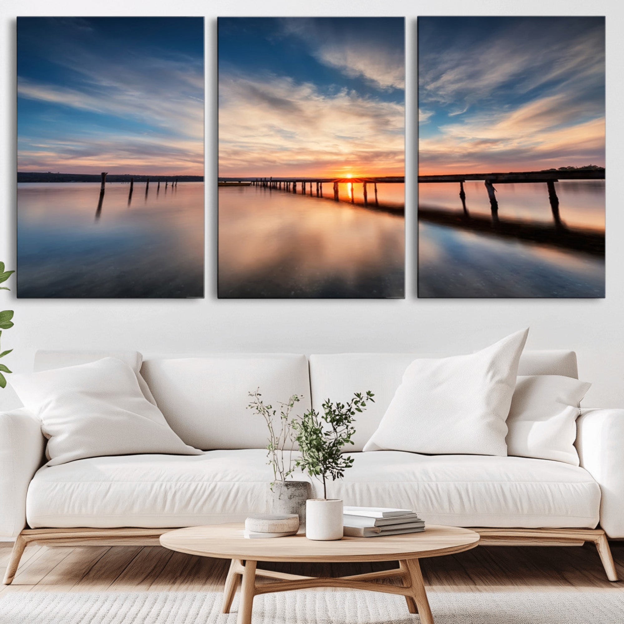 39967-MGV-CV-36X24-Wooden Pier on Seascape and Sunset Wall Art Canvas Print