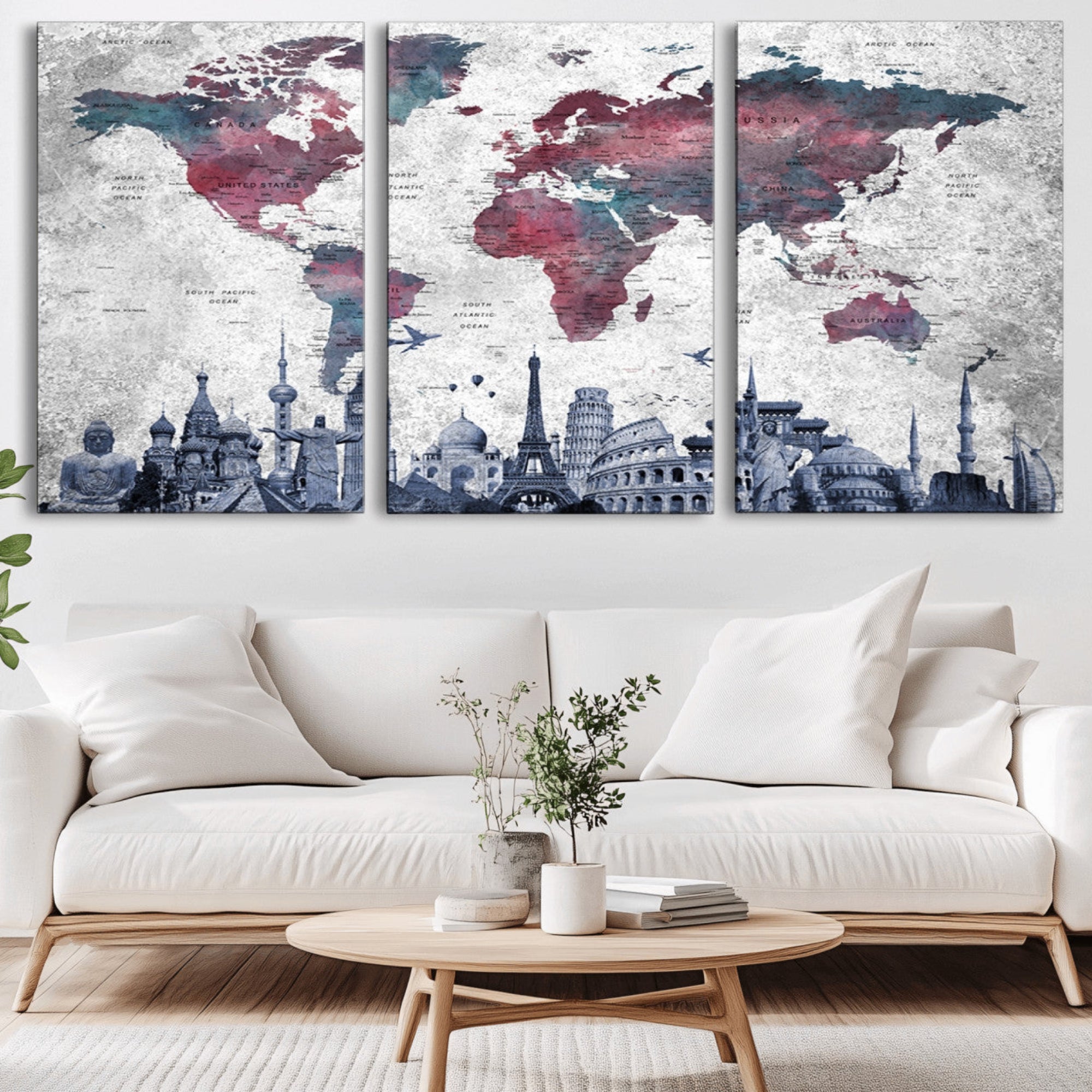 42515-MGV-CV-36X24-World Map Canvas Wall Art with Famous Landmarks – Framed Travel Map Print for Home and Office Decor, Perfect Gift for Travel Lovers