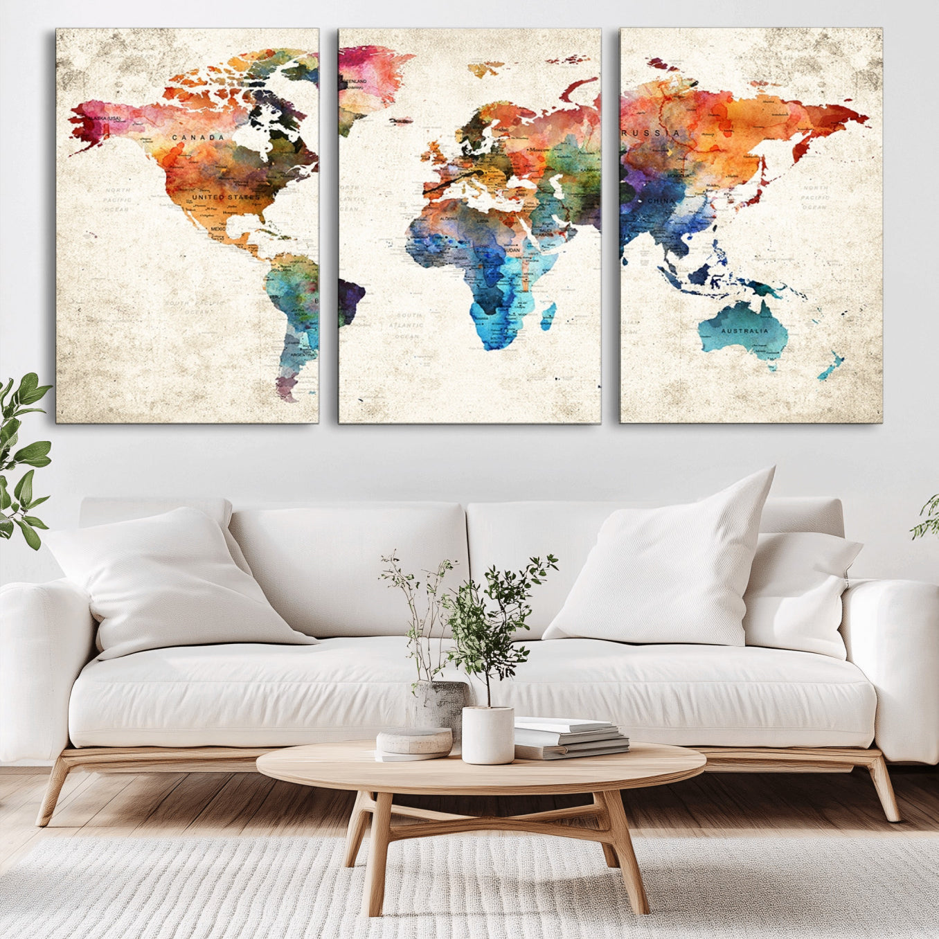 -Personalized World Map Canvas Print – Colorful Watercolor Push Pin Travel Map, Framed Wall Art for Home or Office Decor