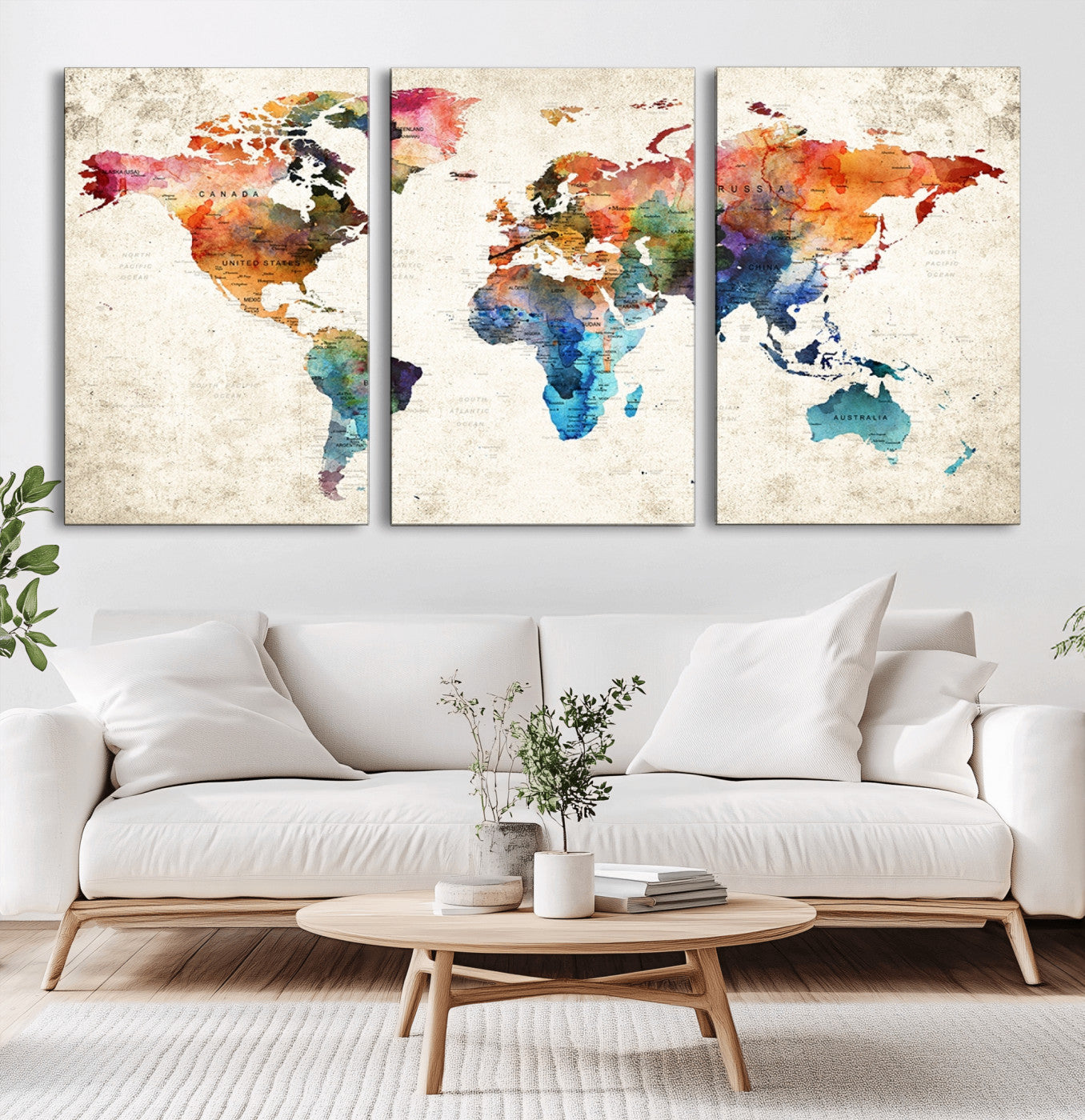 -Personalized World Map Canvas Print – Colorful Watercolor Push Pin Travel Map, Framed Wall Art for Home or Office Decor
