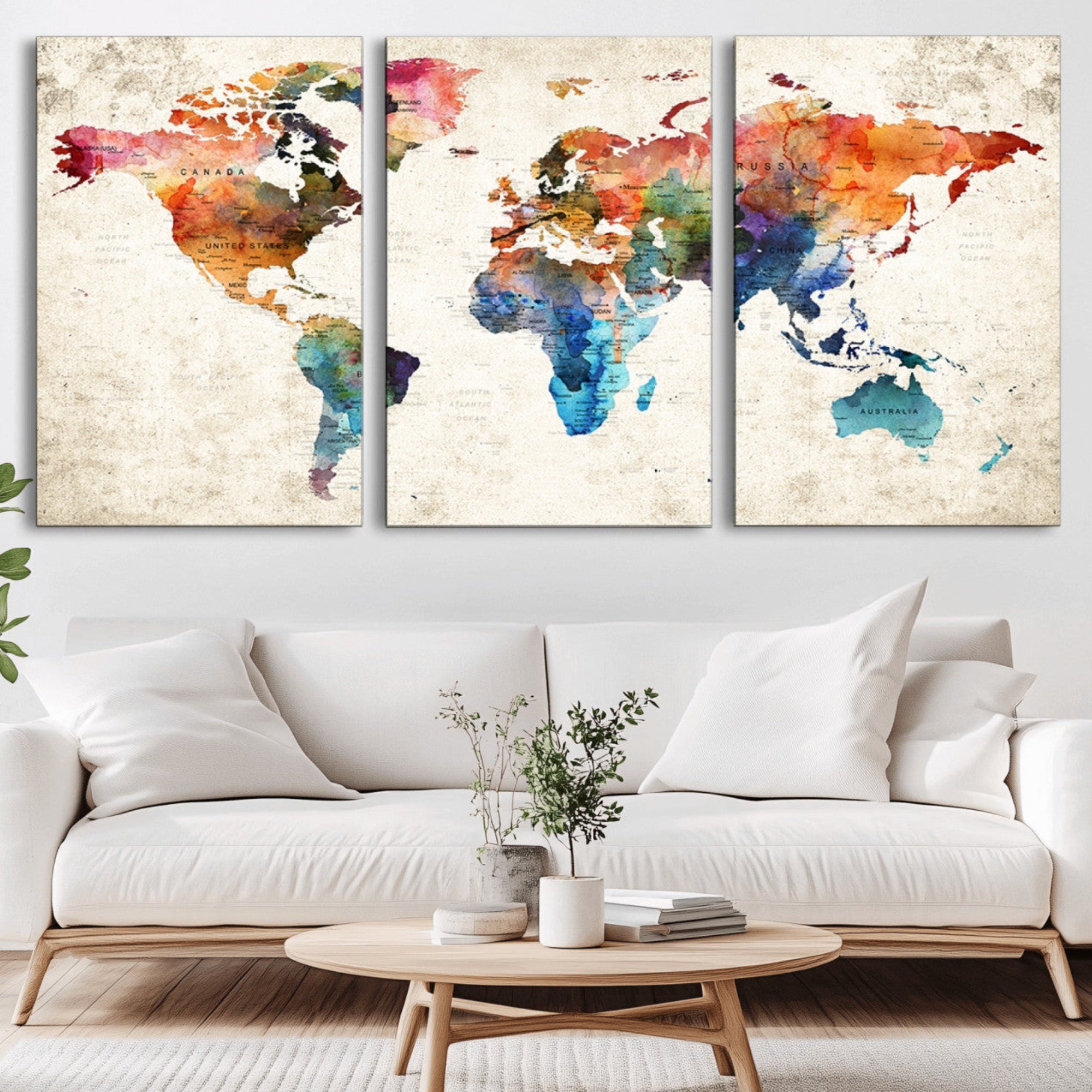 80150-MGV-CV-36X24-Personalized World Map Canvas Print – Colorful Watercolor Push Pin Travel Map, Framed Wall Art for Home or Office Decor