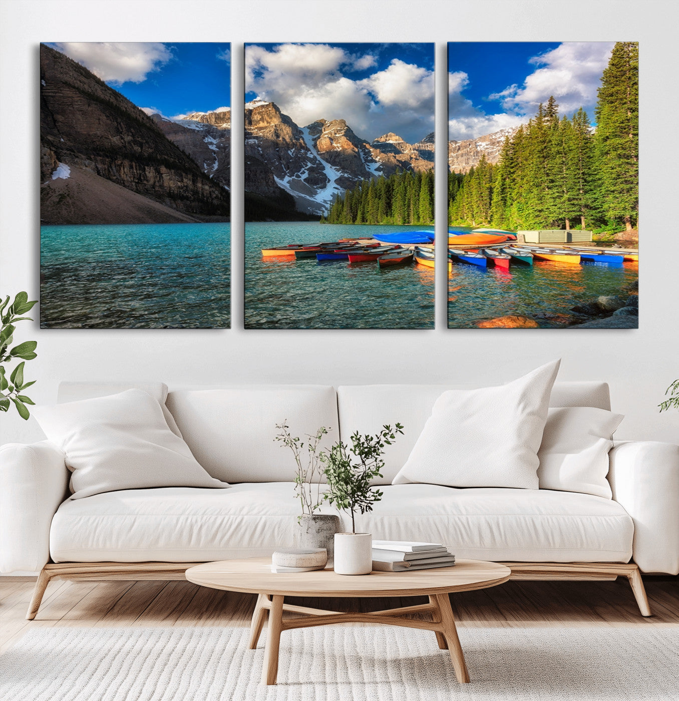-Moraine Lake 3-Panel Wall Art, Majestic Mountain and Lake Landscape Canvas Print Canoes on Moraine