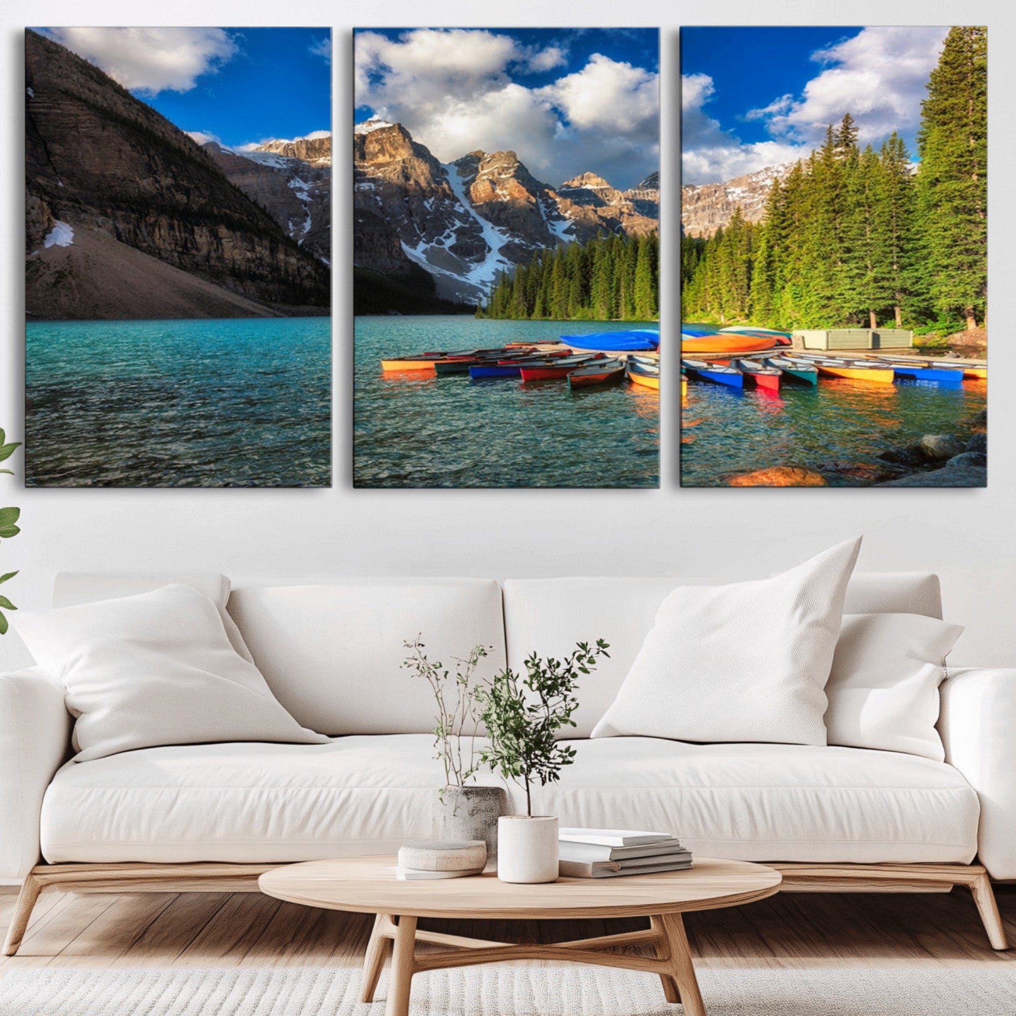 87658-MGV-CV-36X24-Moraine Lake 3-Panel Wall Art, Majestic Mountain and Lake Landscape Canvas Print Canoes on Moraine