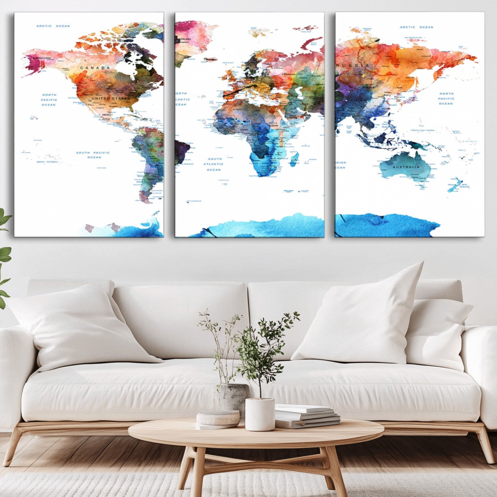 11576-MGV-CV-36X24-Vibrant Watercolor World Map Canvas Wall Art – Framed Push Pin Travel Map for Home and Office Decor, Modern Colorful Wall Artwork