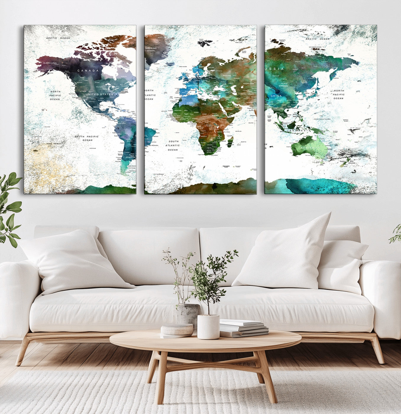 -Modern Watercolor World Map Canvas Wall Art – Framed Abstract Map Print, Contemporary Travel Artwork for Elegant Home and Office Decor