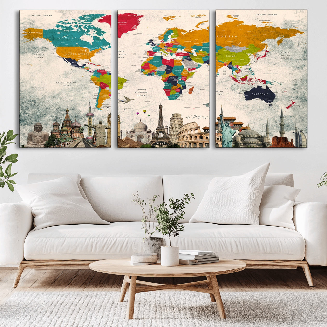 98056-MGV-CV-36X24-Colorful World Map Canvas Wall Art with Landmarks – Framed Travel Map Print for Home and Office Decor, Perfect Gift for Travel Lovers
