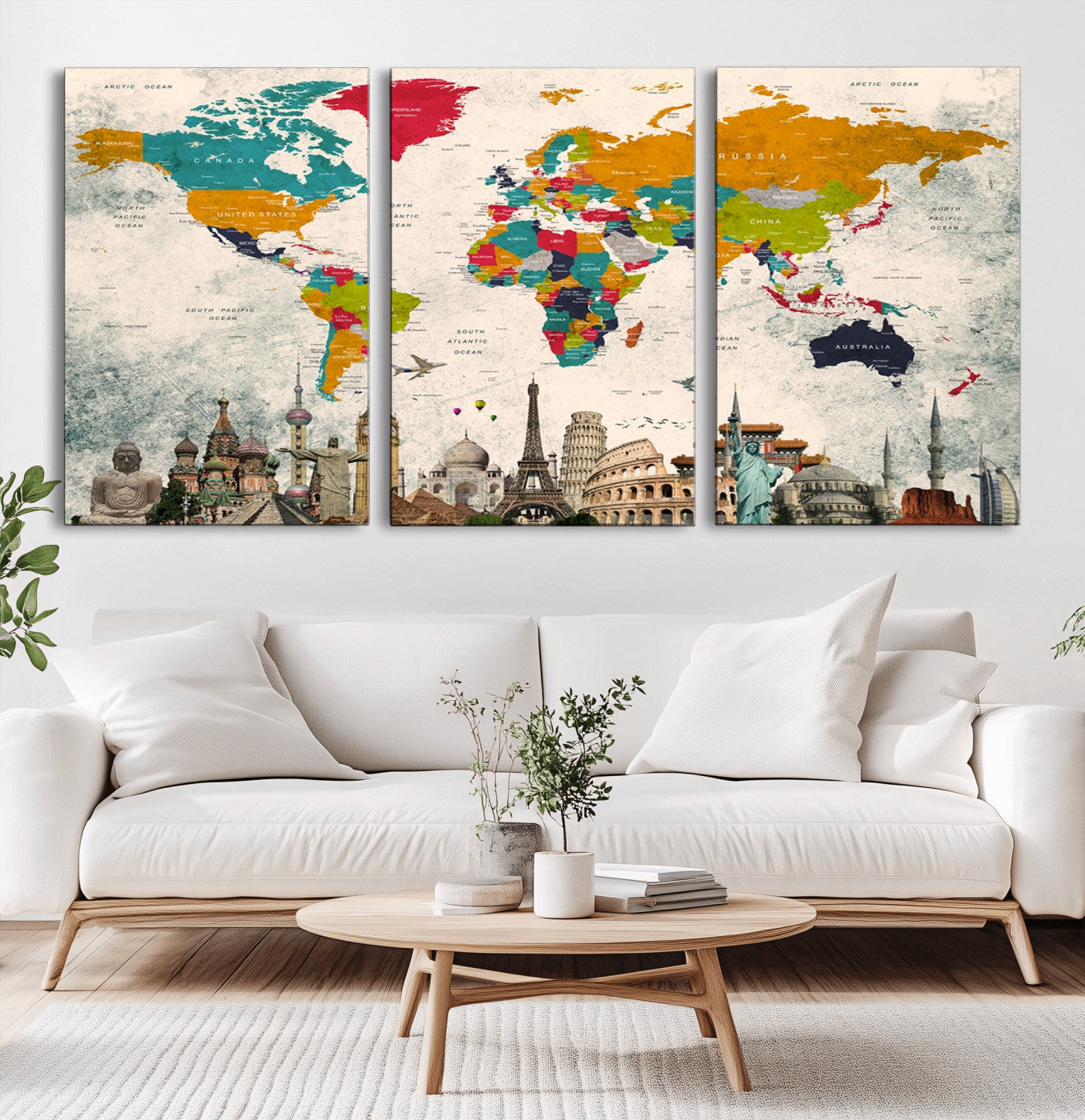 98056-MGV-CV-36X24-Colorful World Map Canvas Wall Art with Landmarks – Framed Travel Map Print for Home and Office Decor, Perfect Gift for Travel Lovers