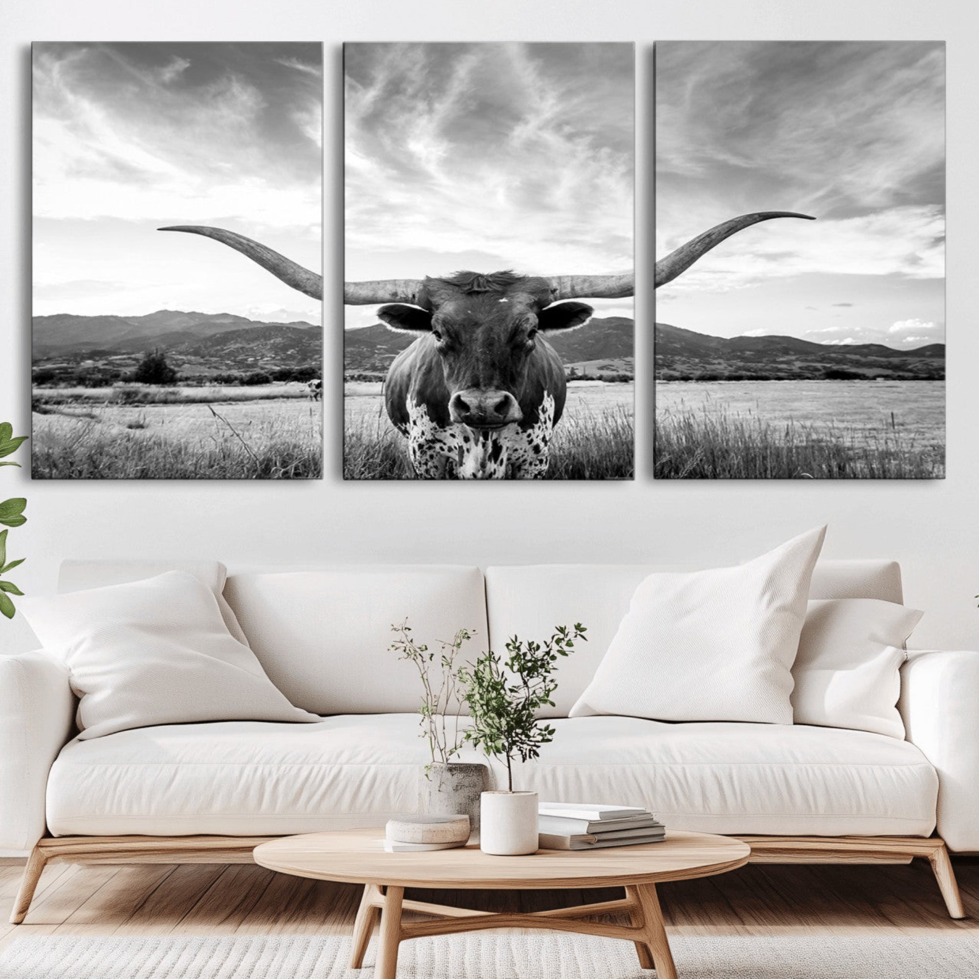 79527-MGV-CV-36X24-Longhorn Black and White Wall Art – Rustic Western Bull Canvas Print, Farmhouse Country Decor for Living Room, Office or Ranch, Cowboy Wall Artwork