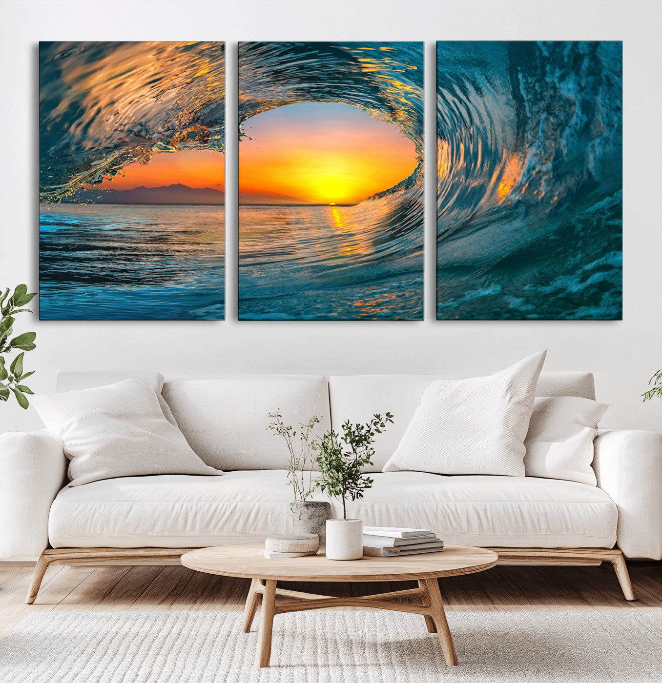 84279-MGV-CV-36X24-Ocean Wave Sunset Wall Art | Large Coastal Wave Canvas Print | 3-Panel Ocean Sunset Seascape for