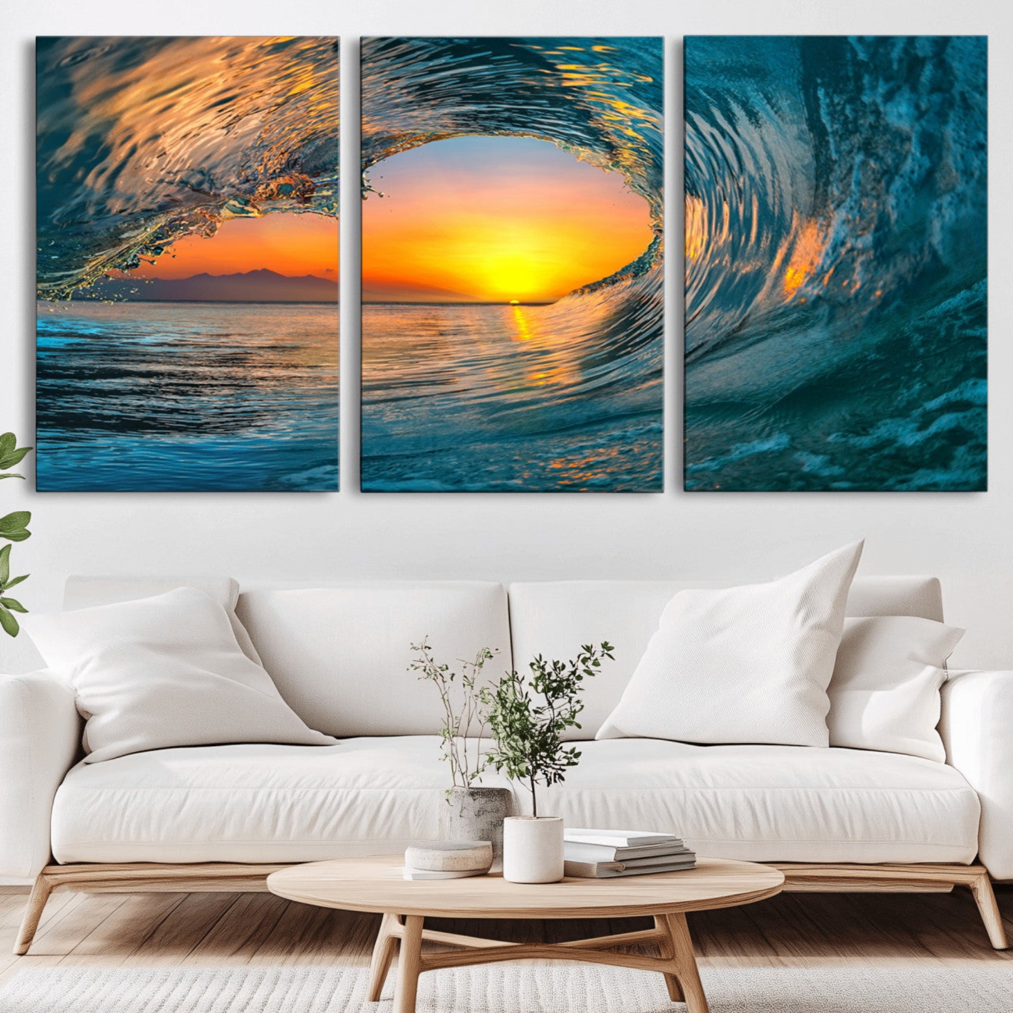 84279-MGV-CV-36X24-Ocean Wave Sunset Wall Art | Large Coastal Wave Canvas Print | 3-Panel Ocean Sunset Seascape for