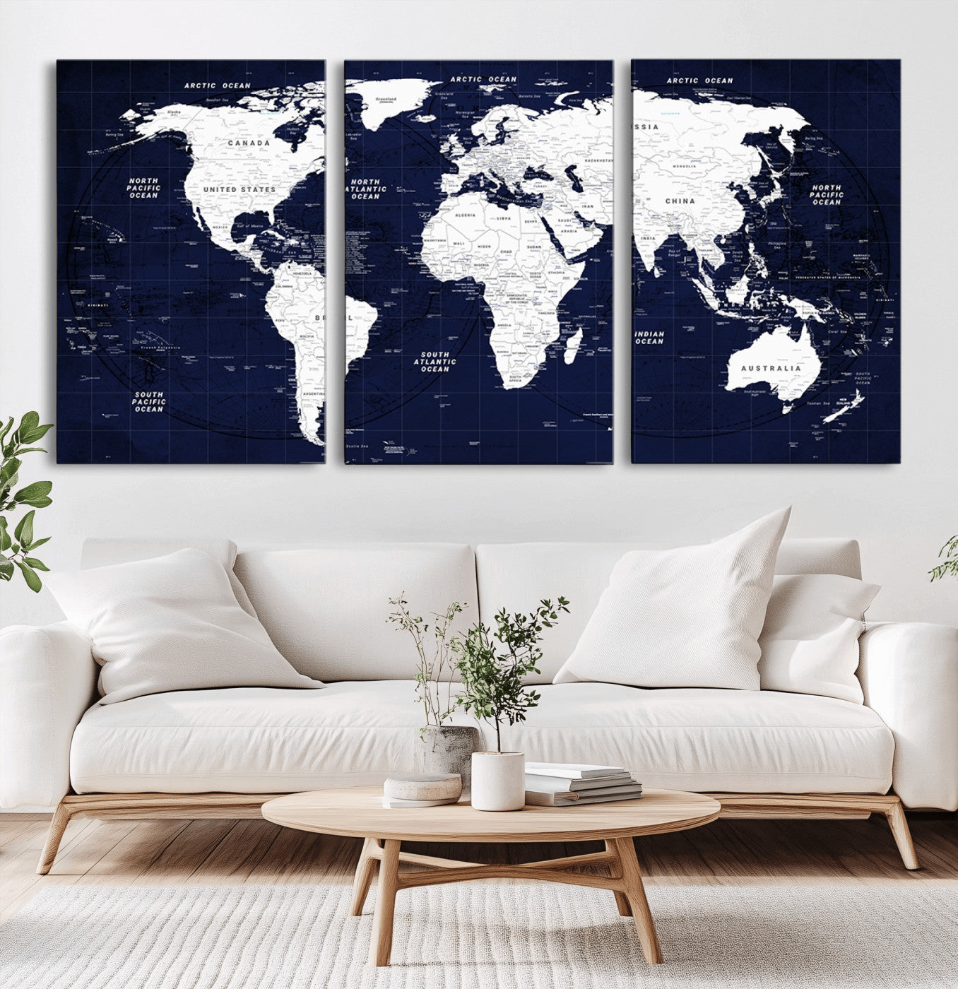 -Navy Blue World Map Canvas Print – Modern Push Pin Travel Map Wall Art, Framed Contemporary Decor for Home or Office