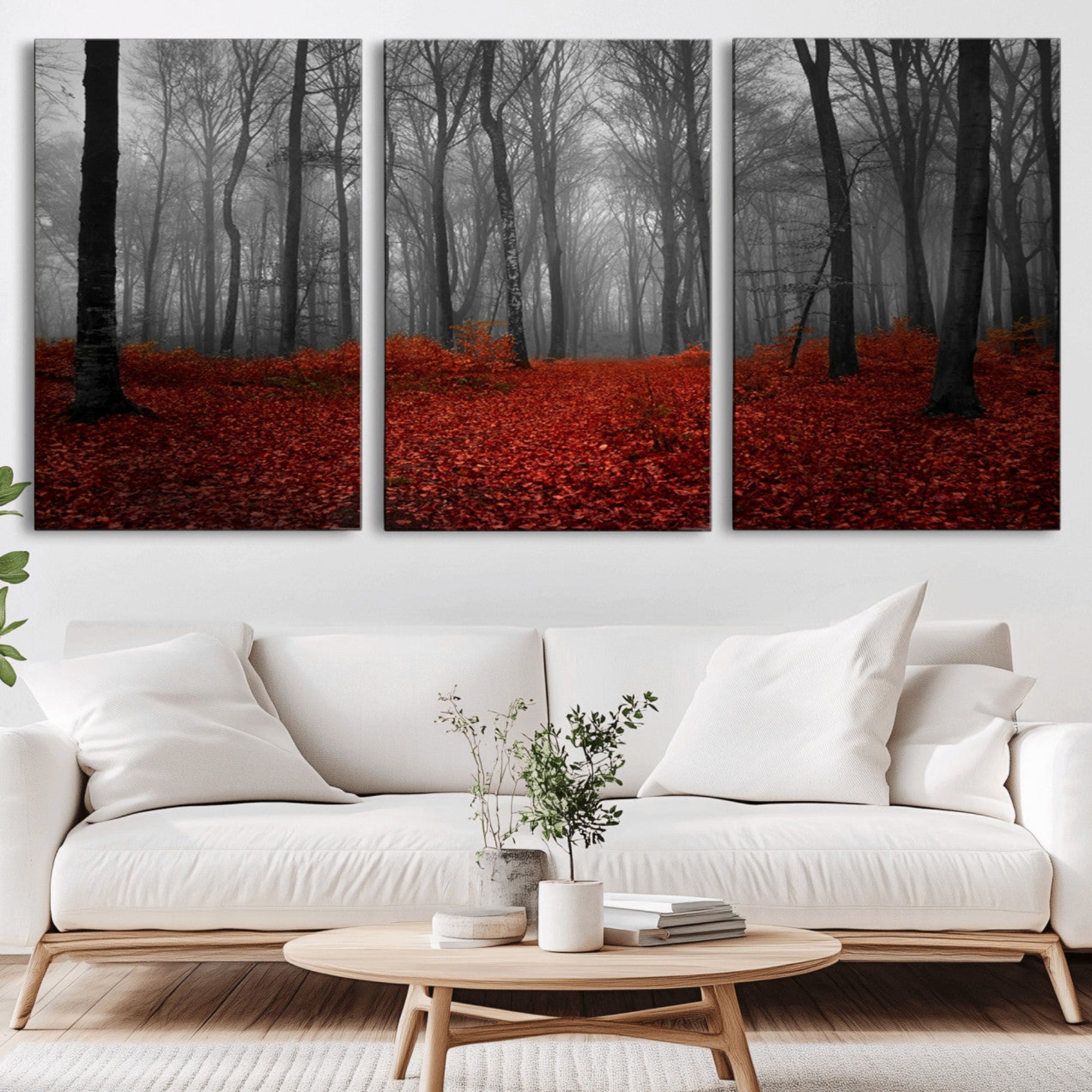 38804-MGV-CV-36X24-Red Forest Floor Canvas Wall Art – Mystical Foggy Woodland Triptych – Nature-Inspired Decor for