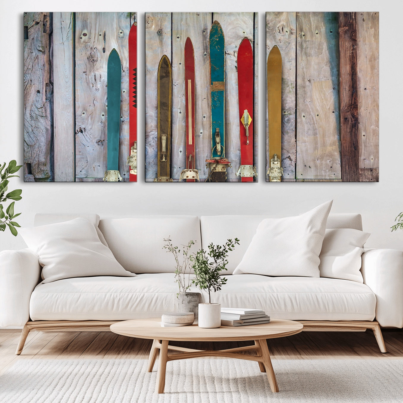 -Vintage Wooden Weathered Ski's in Front of an Old Barn Wall Art Canvas Print for Farmhouse, Cabin