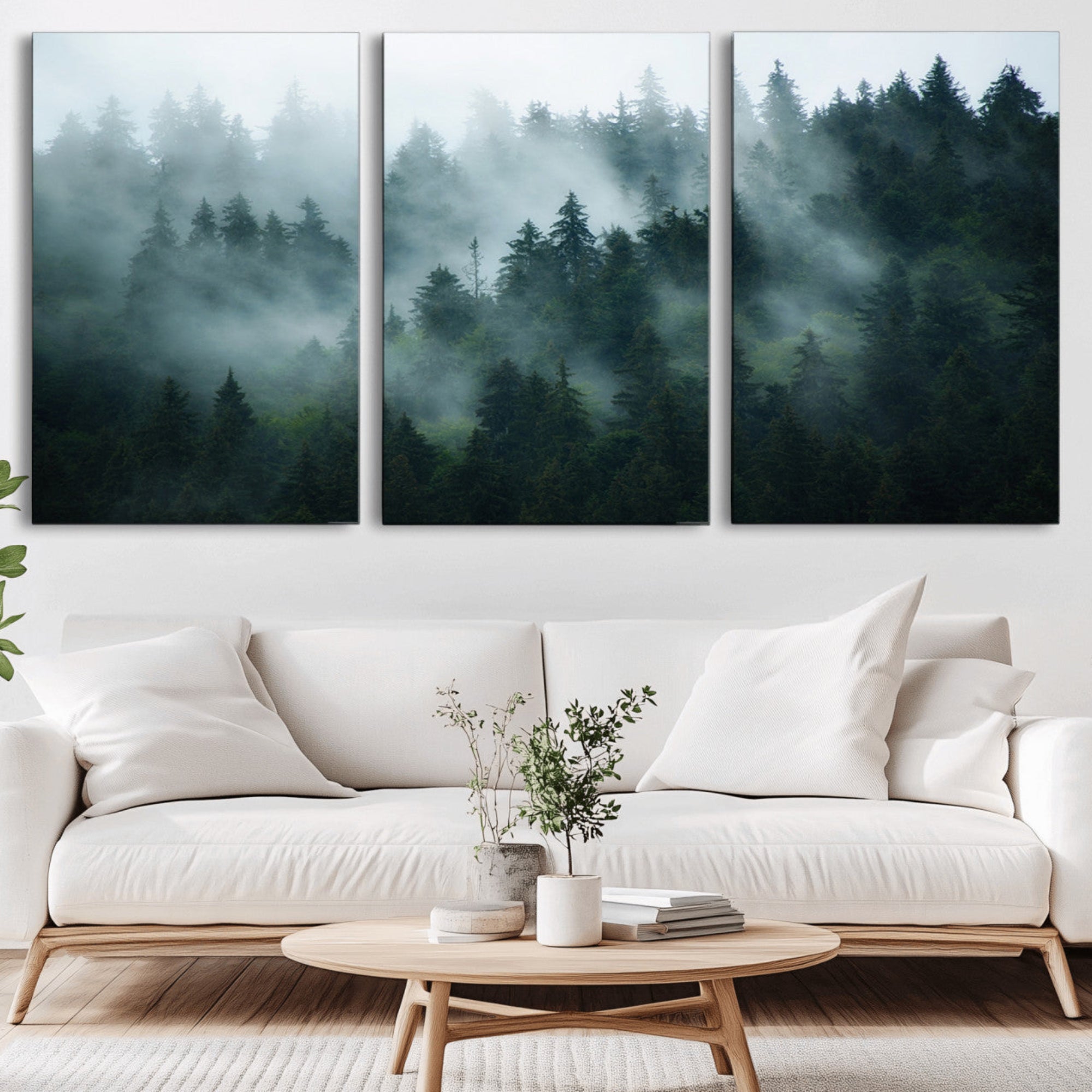 73410-MGV-CV-36X24-Misty Forest Wall Art – Serene Green Landscape Canvas Print, Nature-Inspired Woodland Decor for Living Room or Office