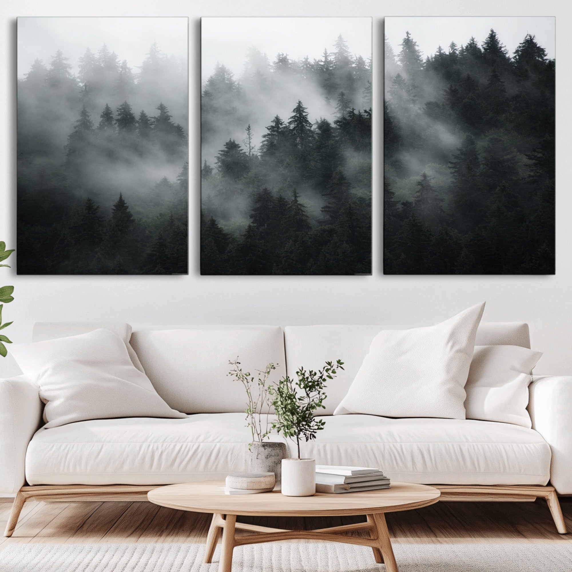 52359-MGV-CV-36X24-Foggy Forest Wall Art Canvas Print | 3 Panel Large Misty Landscape for Dining Room, Office, or
