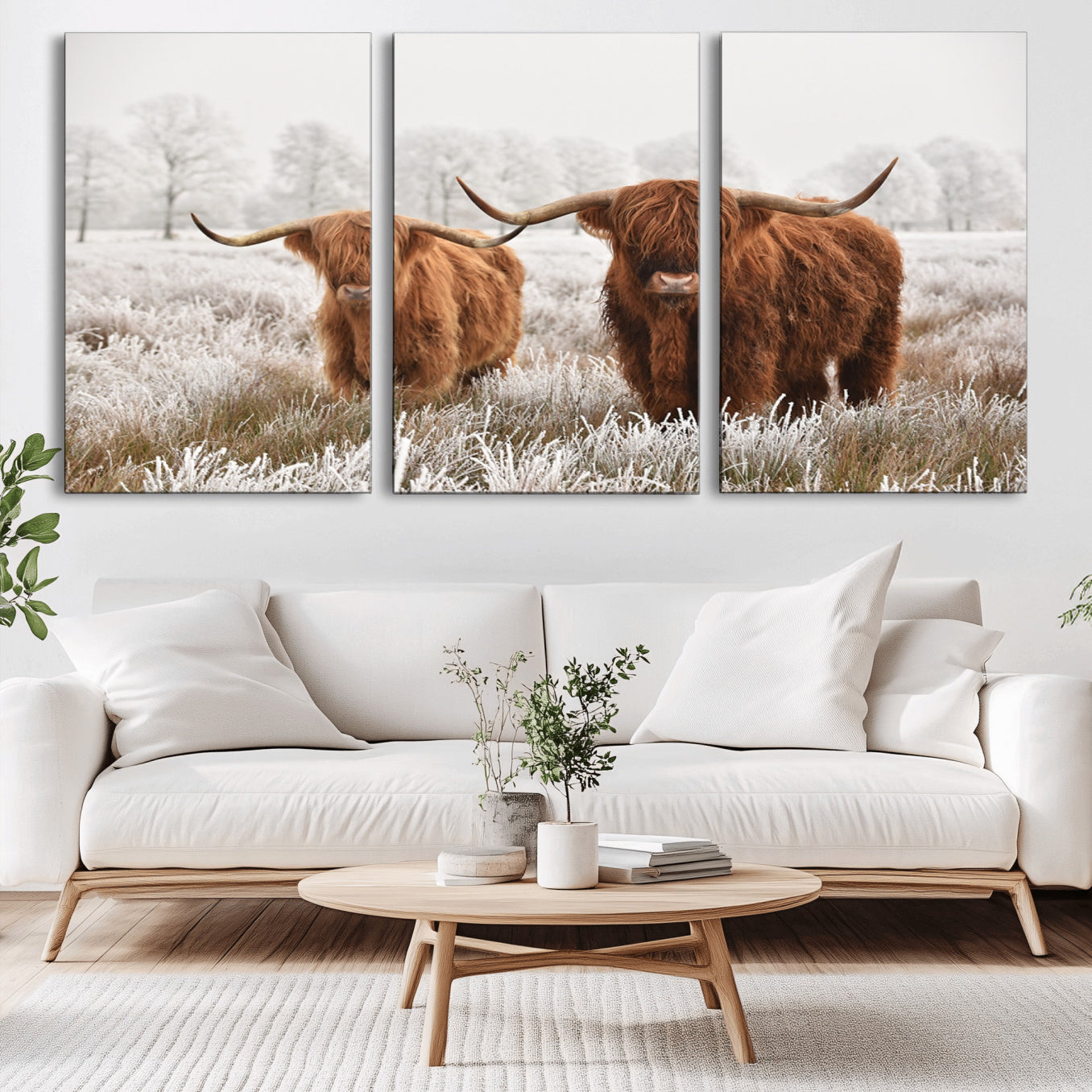 -Longhorn Cattle Wall Art Canvas Print, Framed Farmhouse Style Art Picture Print, Rustic Cow Perfect Rustic Farmhouse Decor Artwork