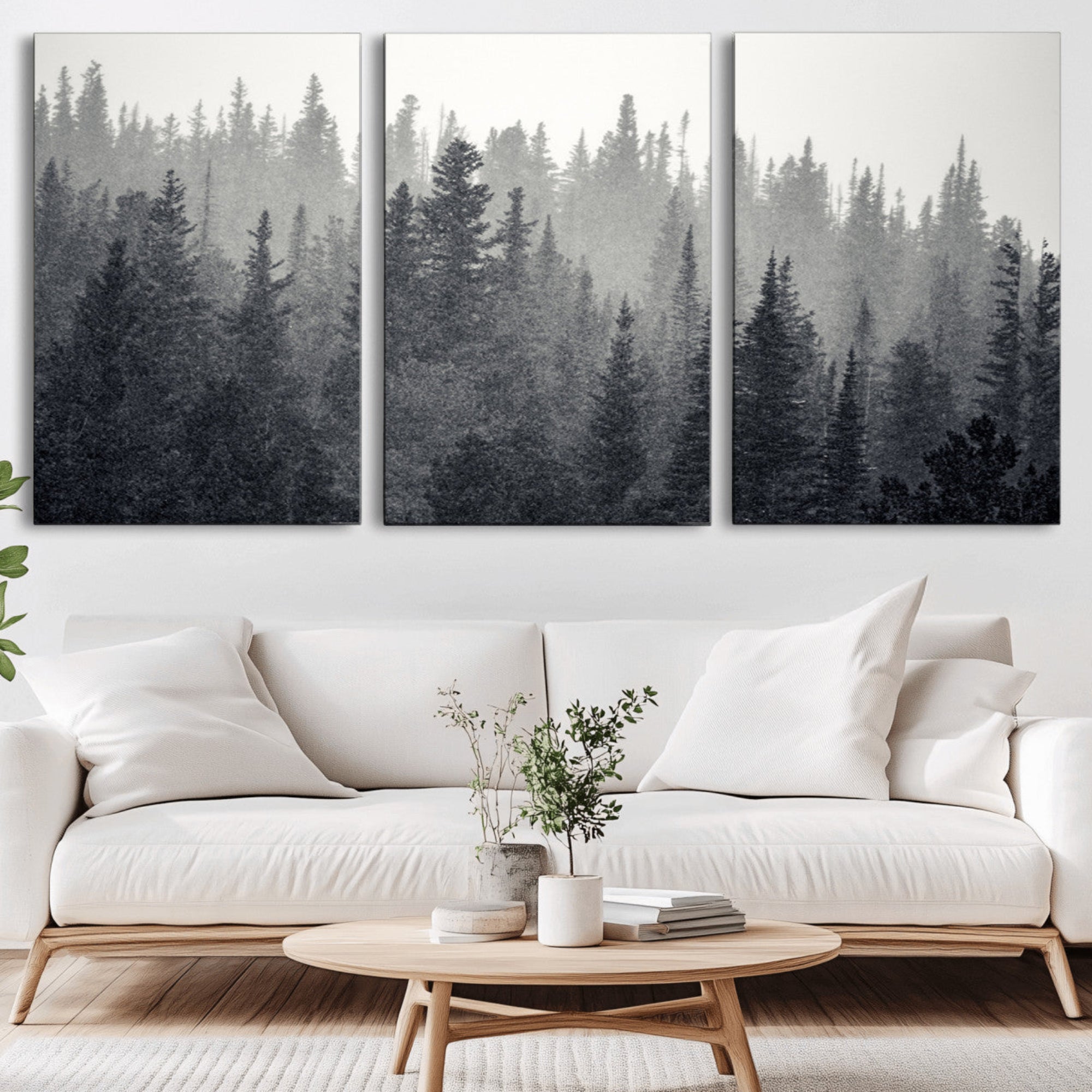 92450-MGV-CV-36X24-Misty Forest Canvas Wall Art – Monochrome Triptych Pine Tree Print – Nature-Inspired Home Decor –