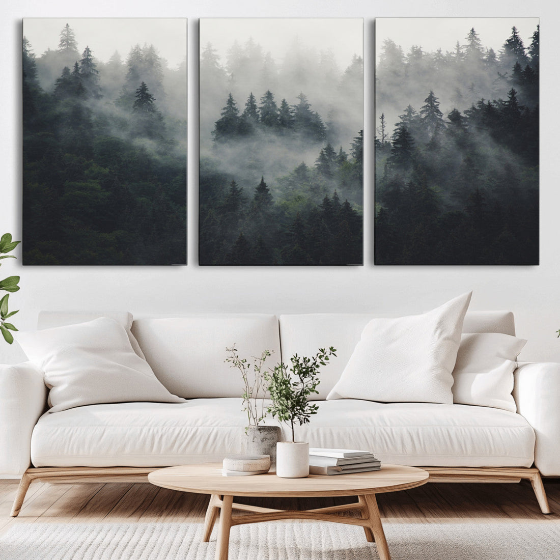 Nature Wall Decor, Misty Forest Canvas Wall Art | Serene Triptych Woodland Landscape Print