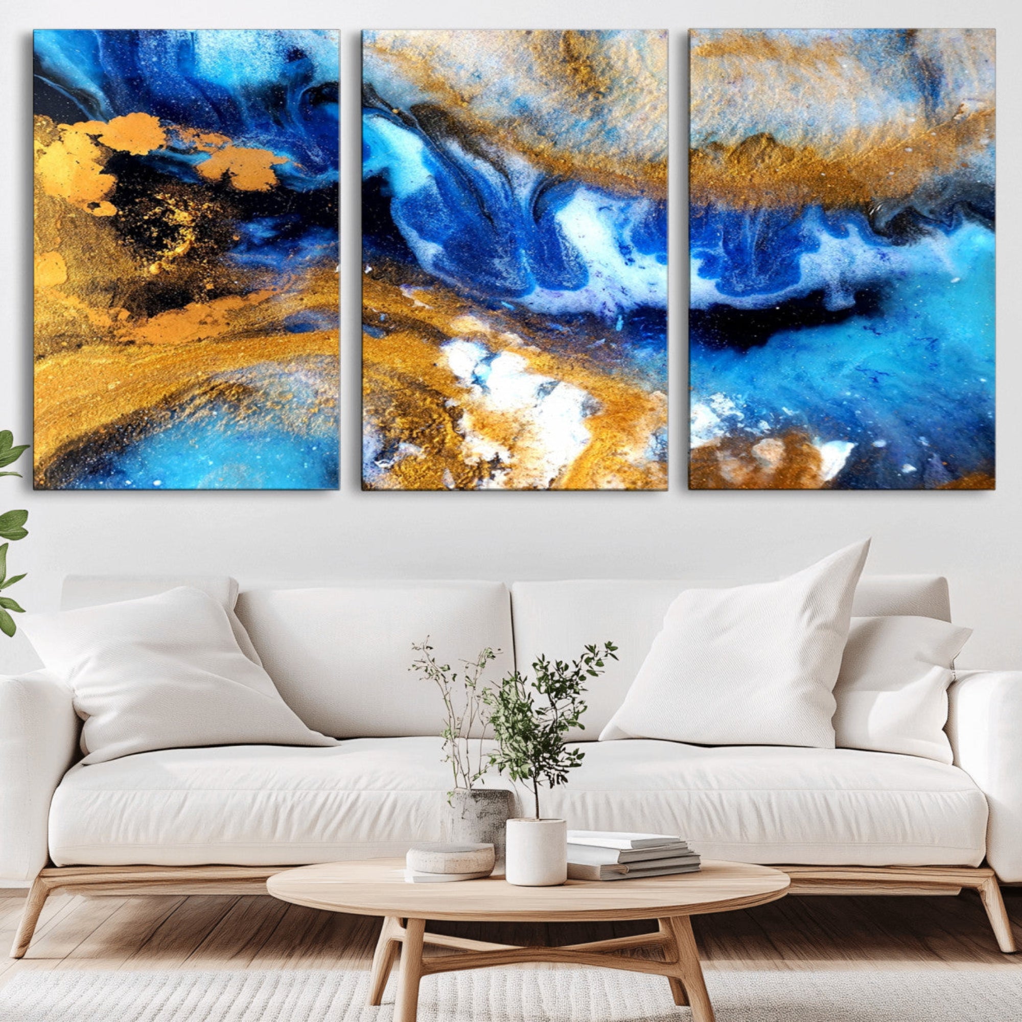 42100-MGV-CV-36X24-Blue Orange Marble Fluid Effect Canvas Wall Art Print
