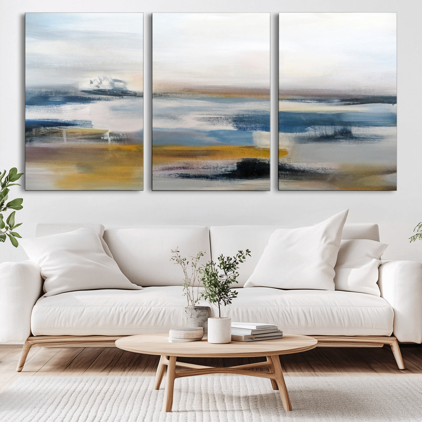 -Abstract Landscape Wall Art Canvas | 3 Panel Modern Blue, Gold, and White Canvas Art for Living