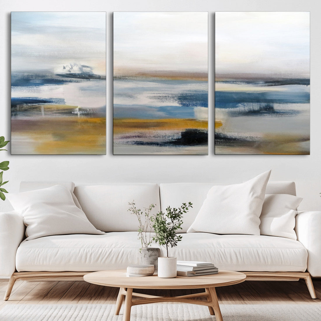 Abstract Landscape Wall Art Canvas | 3 Panel Modern Blue, Gold and White Canvas Art