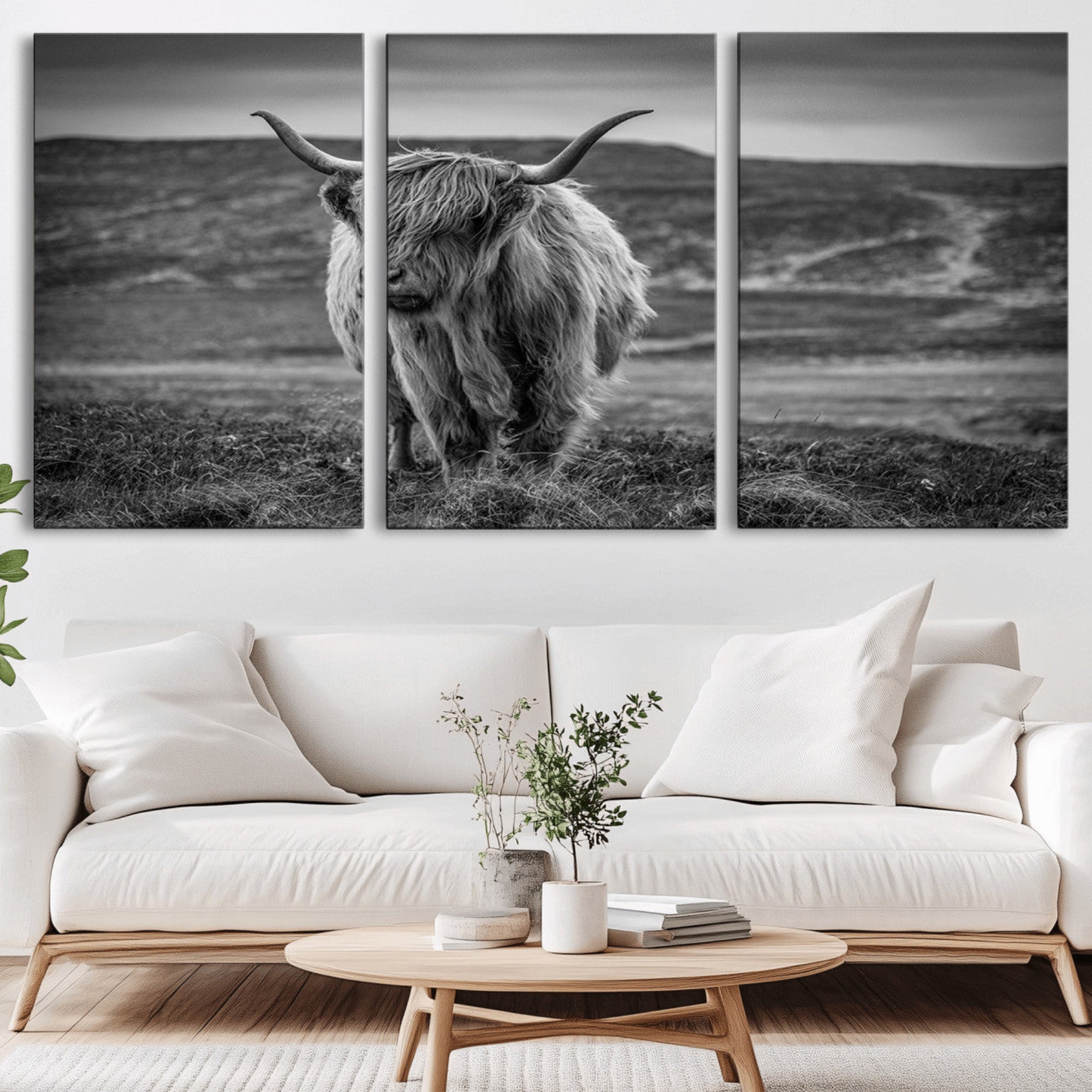 42995-MGV-CV-36X24-Fluffy Cattle Wall Art Print, Highland Cow Canvas, Framed Black and white Wall Art