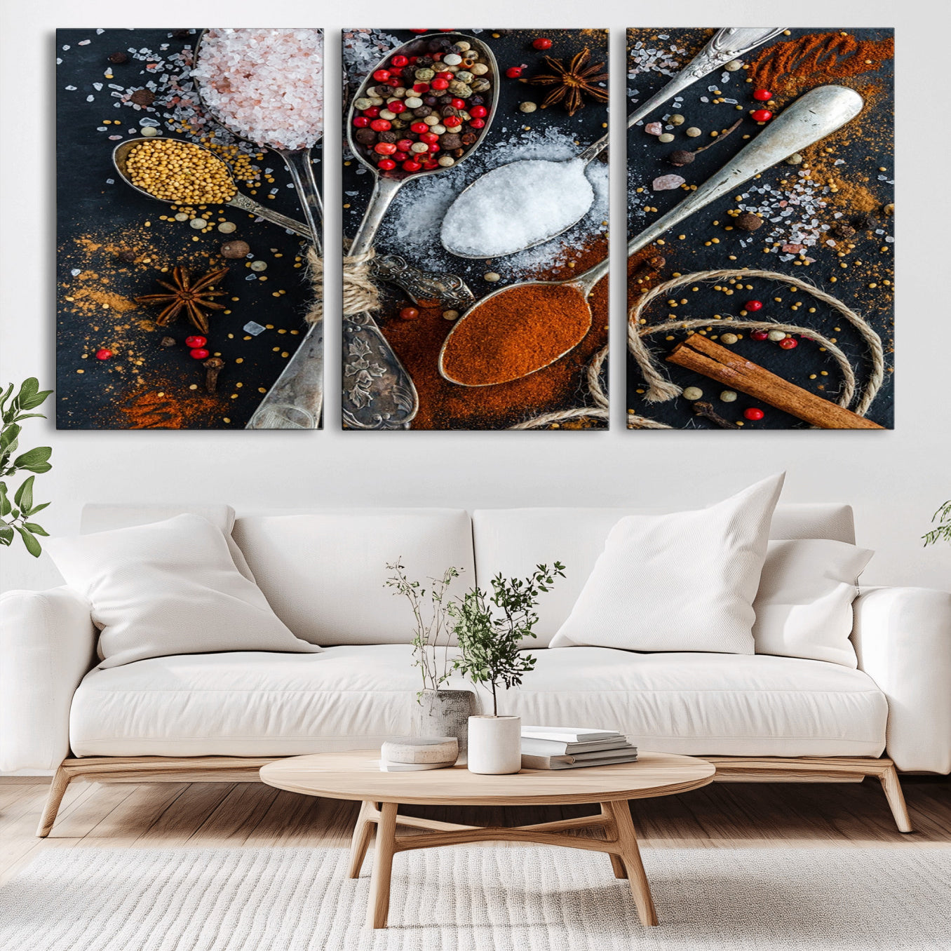-Spices and Seasonings Canvas Wall Art – Colorful Triptych Kitchen Decor – Culinary Art for Dining