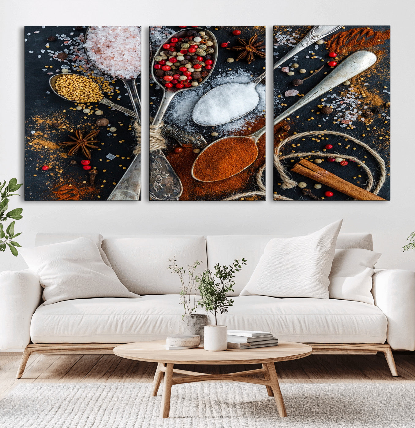 -Spices and Seasonings Canvas Wall Art – Colorful Triptych Kitchen Decor – Culinary Art for Dining